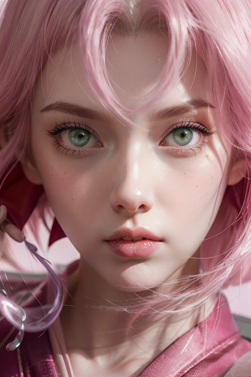 Young, tall woman, slender body, porcelain skin, short pale pink hair, heart-shaped face, wide forehead with a purple rhombus, thin pink eyebrows, large jade green eyes, long eyelashes, buttoned nose, large pink lips , red kimono clothes, black gloves, sword, forest, Sakura Haruno, 3d
