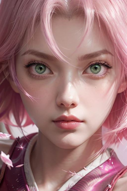 Young, tall woman, slender body, porcelain skin, short pale pink hair, heart-shaped face, wide forehead with a purple rhombus, thin pink eyebrows, large jade green eyes, long eyelashes, buttoned nose, large pink lips , red kimono clothes, black gloves, sword, forest, Sakura Haruno, 3d
