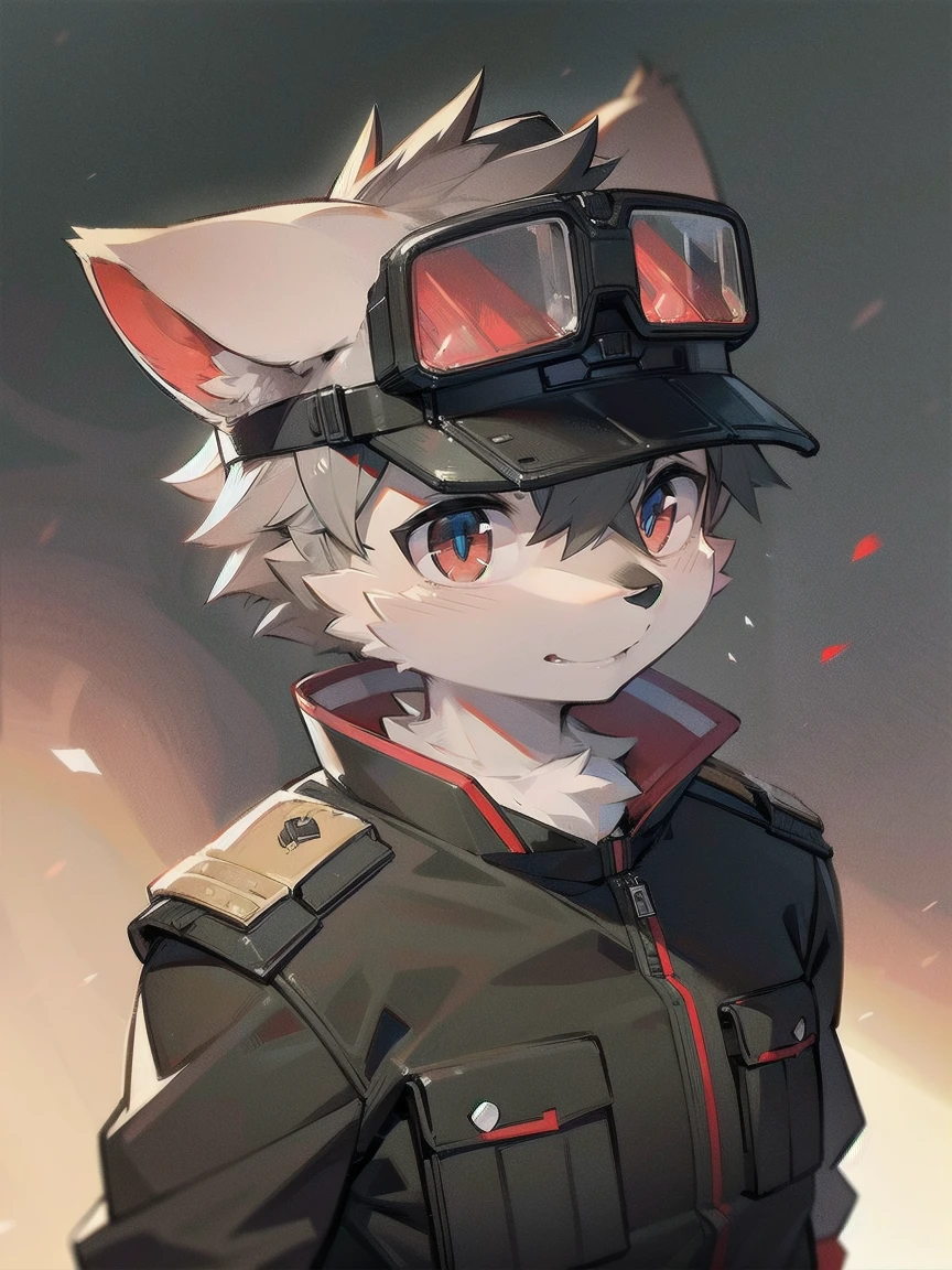 Wolf，Gray fur，Red eyes，German style military uniform，Wear goggles，The only person，The background is a dark battlefield，bust，boy，juvenile