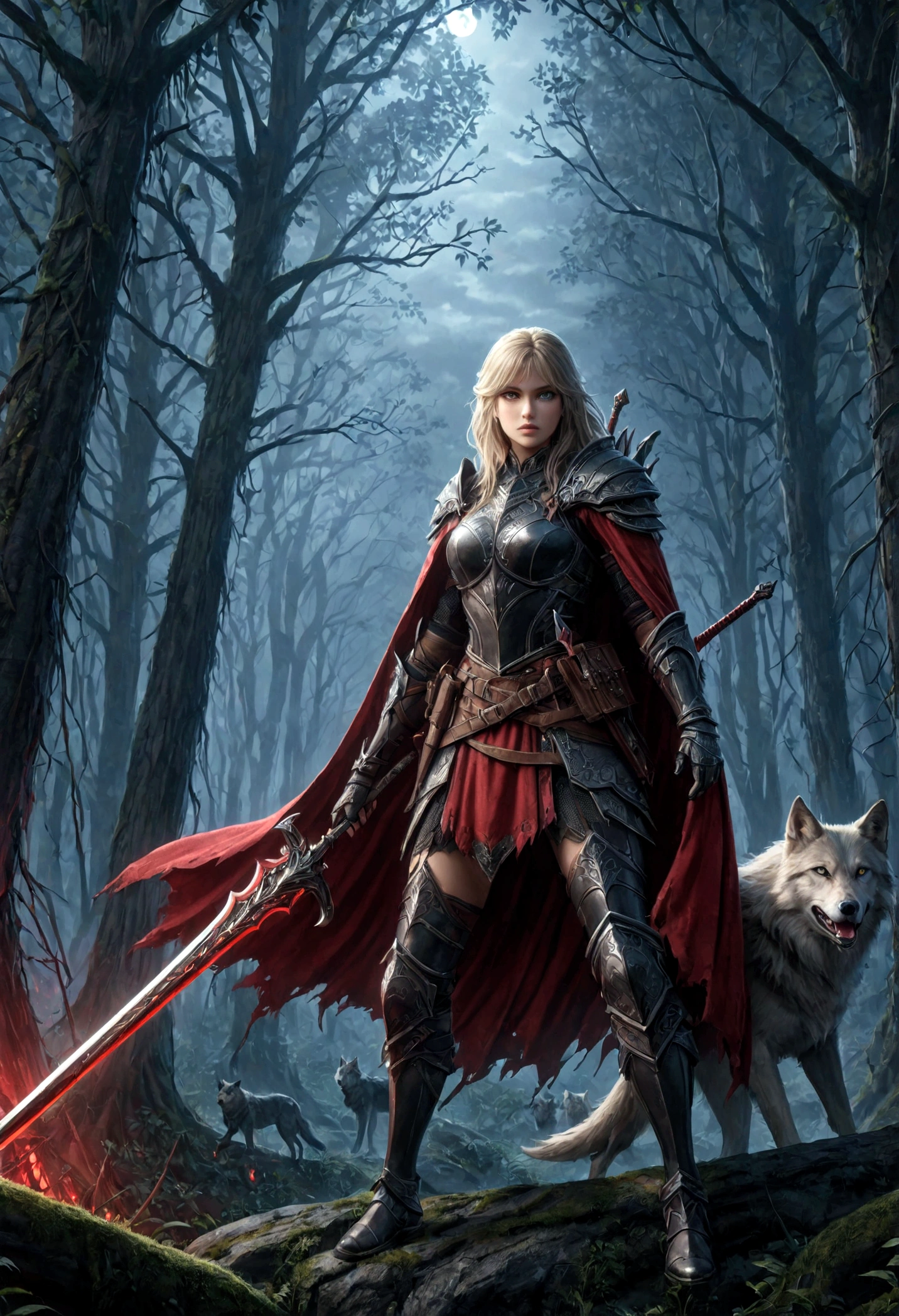 Fantasy-Kunst, RPG art, Dark Fantasy-Kunst, Ultraweite Aufnahme, roh, fotorealistisch, ein Bild einer menschlichen Rangerin und ihrem Wolfshaustier, der Ranger, eine exquisite, schöne menschliche Frau, langes blondes Haar, geflochtenes Haar, grüne Augen, Tragen leather armor, Tragen (Roter Umhang: 1.1), bewaffnet mit einem (Schwert: 1.3), Tragen laced boots, Nachts in einem dunklen Wald stehen, (Nebel steigt vom Boden auf: 1.3), ein Gefühl von Furcht und Angst, doch sie steht trotzig und furchtlos da, Ihr Wolfshaustier steht neben ihr, beschützt sie, dunkler Fantasiewaldhintergrund, beste Qualität, 16k, [Extrem detailliert], Meisterwerk, beste Qualität, (Extrem detailliert), Ganzkörper, Ultraweite Aufnahme, Fotorealismus, Schwert und Schild