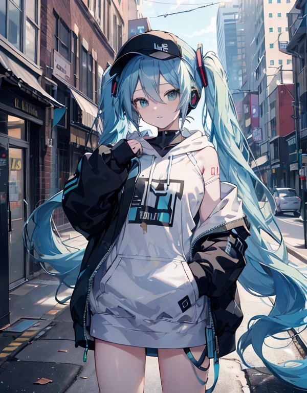 obra maestra,Hatsune Miku,alone,pelo largo,pelo azul,auricular，sudadera,fuera del hombro:1.2, gorra de mafia, calle,manos en la cintura, Pon tus manos en tus bolsillos,