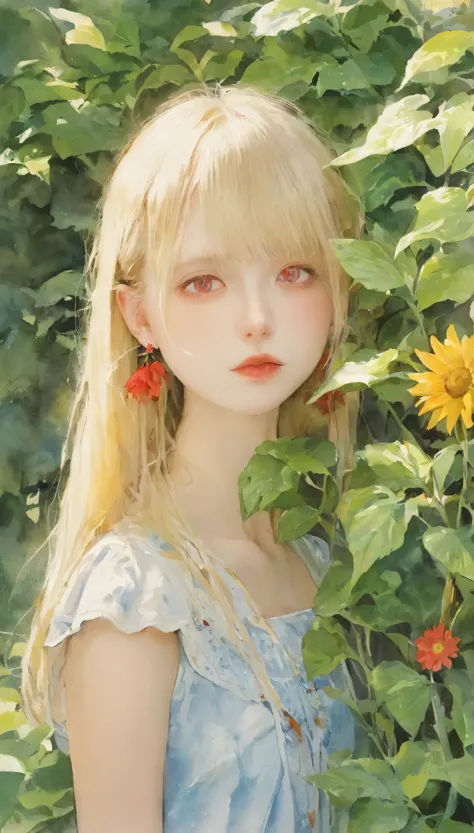 (watercolor:1.2),One Girl, alone, flower, Portraiture, leaf, bangs, sign, blonde, Long Hair, Red eyes, flower earrings