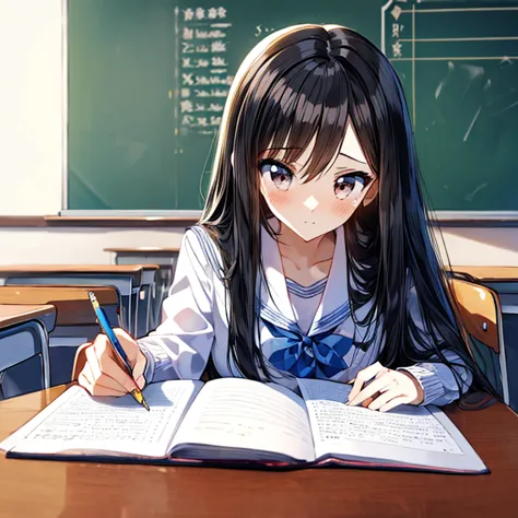 (masterpiece, best quality:1.2), 1 anime girl with long black hair ,school,(exam:1.3),classroom,study,perfect face, huge class, ...