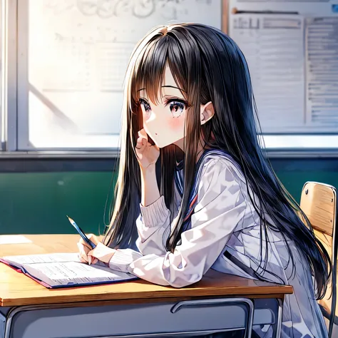 (masterpiece, best quality:1.2), 1 anime girl with long black hair ,school,(exam:1.3),classroom,study,perfect face, huge class, ...