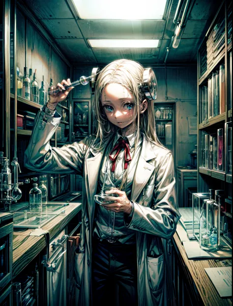 masterpiece, best quality,
labcoat, laboratory, test tube, glass tubes,thinking, observing, 
madaraki_fran