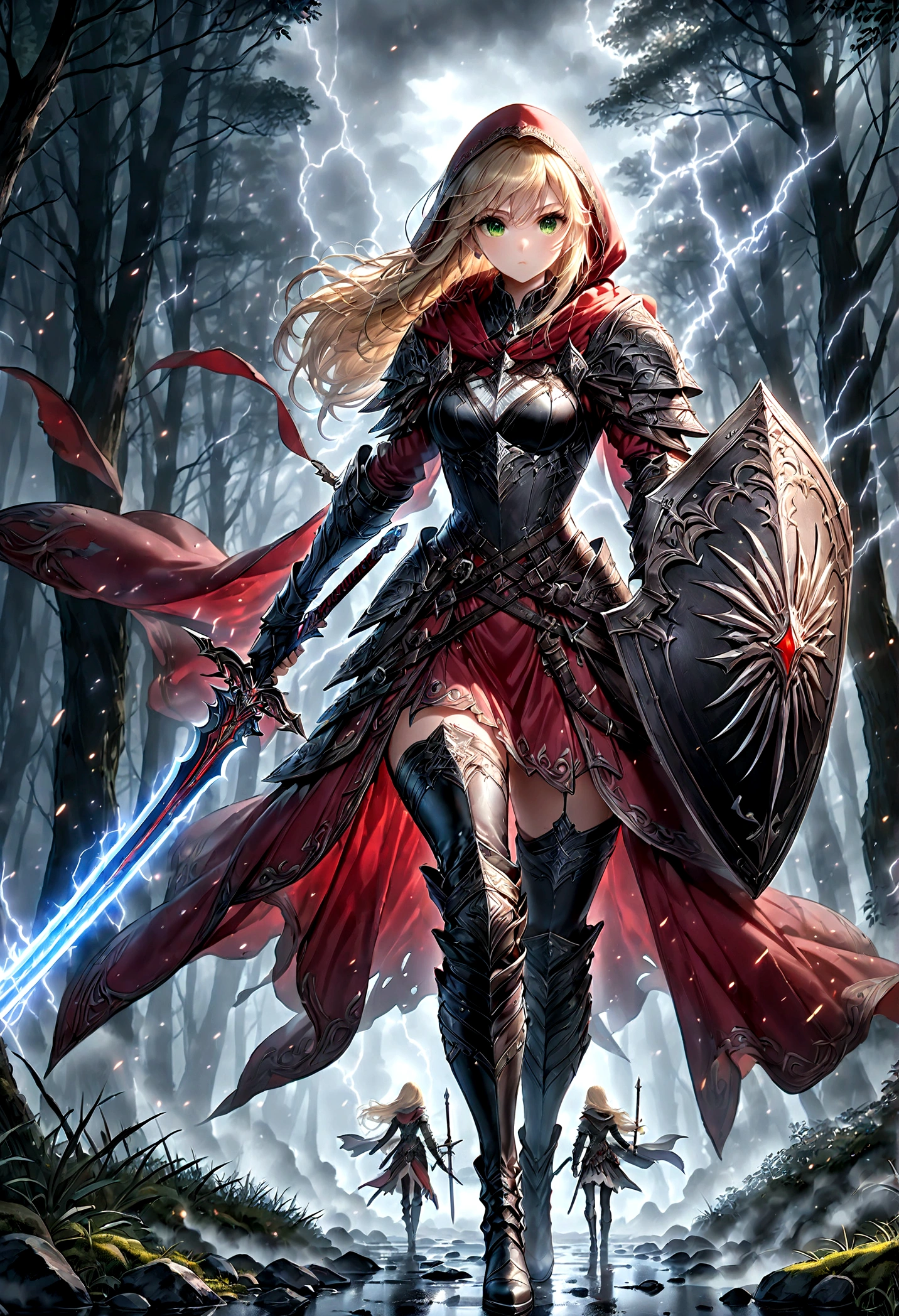 fantasy art, RPG art, Dark fantasy art, ultra wide shot, RAW, photorealistic, a picture of female human ranger, the ranger, an exquisite beautiful human woman, long blond hair, braided hair, green eyes, wearing leather armor, wearing (red cloak: 1.1), armed with a (sword: 1.3), wearing laced boots, standing in a dark forest at night, (mist rising from the grounds: 1.3), a sense of dread and fear, yet she stands defiant and fearless, dark fantasy forest background, best quality, 16k, [ultra detailed], masterpiece, best quality, (ultra detailed), full body, ultra wide shot, photorealism, Sword and shield