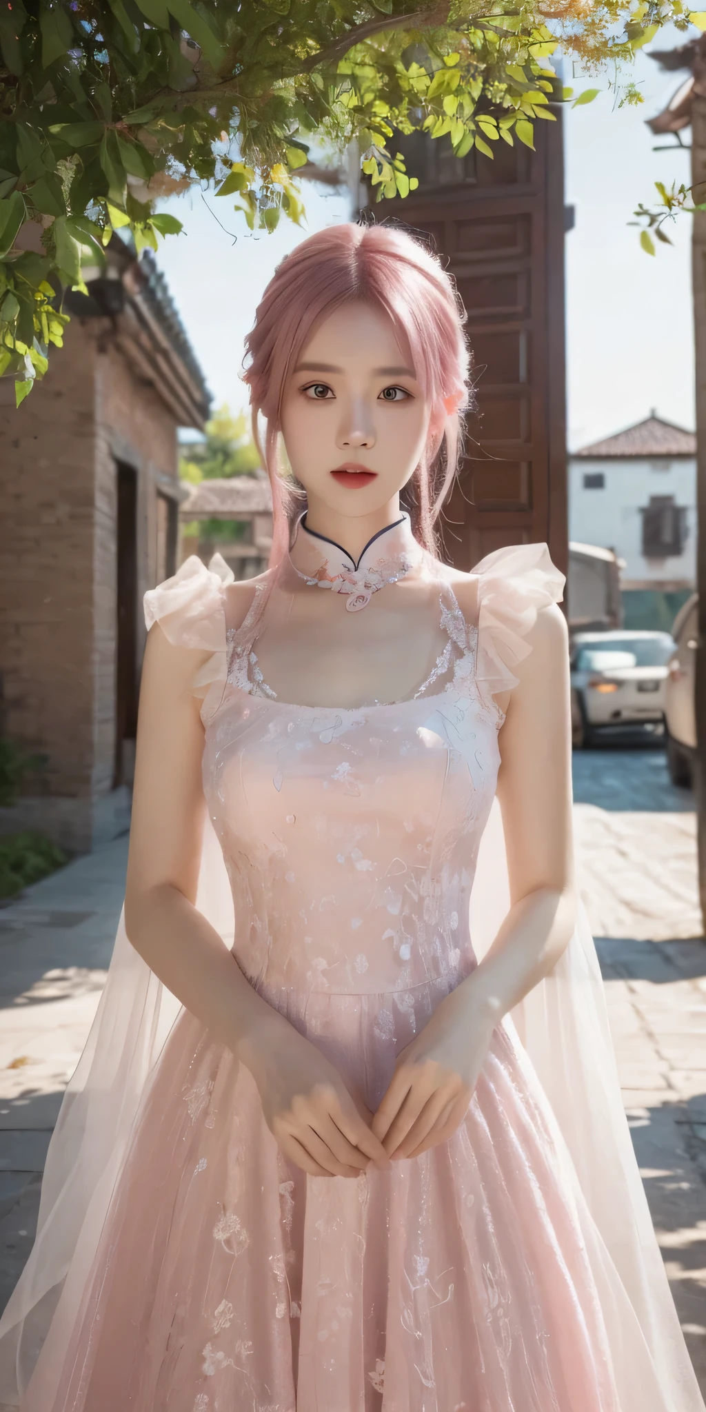 Realistic, 8k, HDR, super contrast, surreal, cinematic, Masterpiece, best quality, super detailed, illustration, beautiful detailed eyes, close up, 1 girl, POV, Chinese girl, pink hair, white dress, villa doorway, standing position, face down, fantasy.