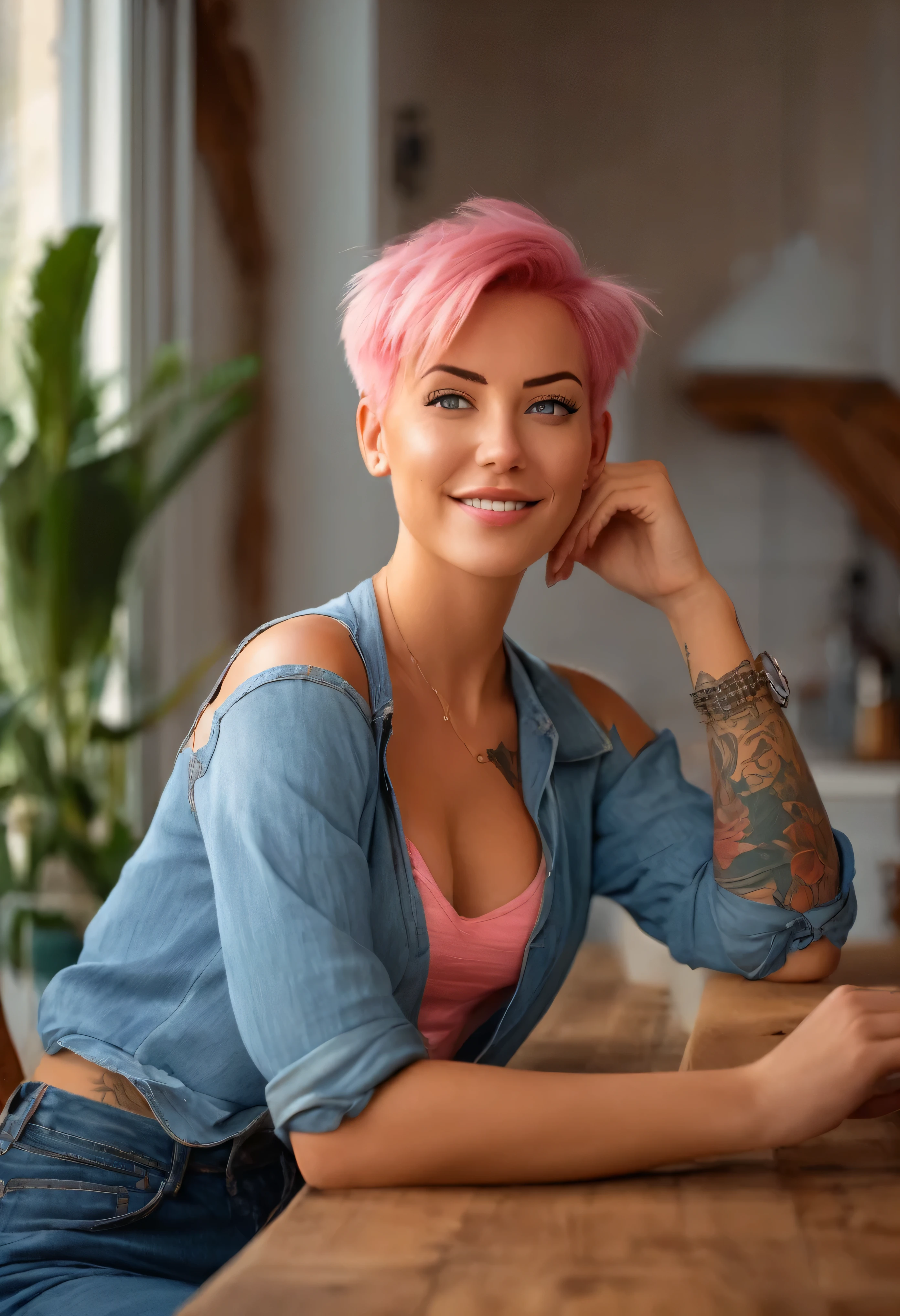 Arafed woman with pink hair sitting at a table with a laptop - SeaArt AI