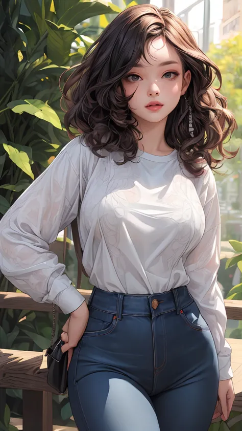 (best quality,8k,hyperrealistic,masterpiece:1.3),(detailed portrait:1.2),beautiful curly hair,wide hips,woman wearing shirt,woma...