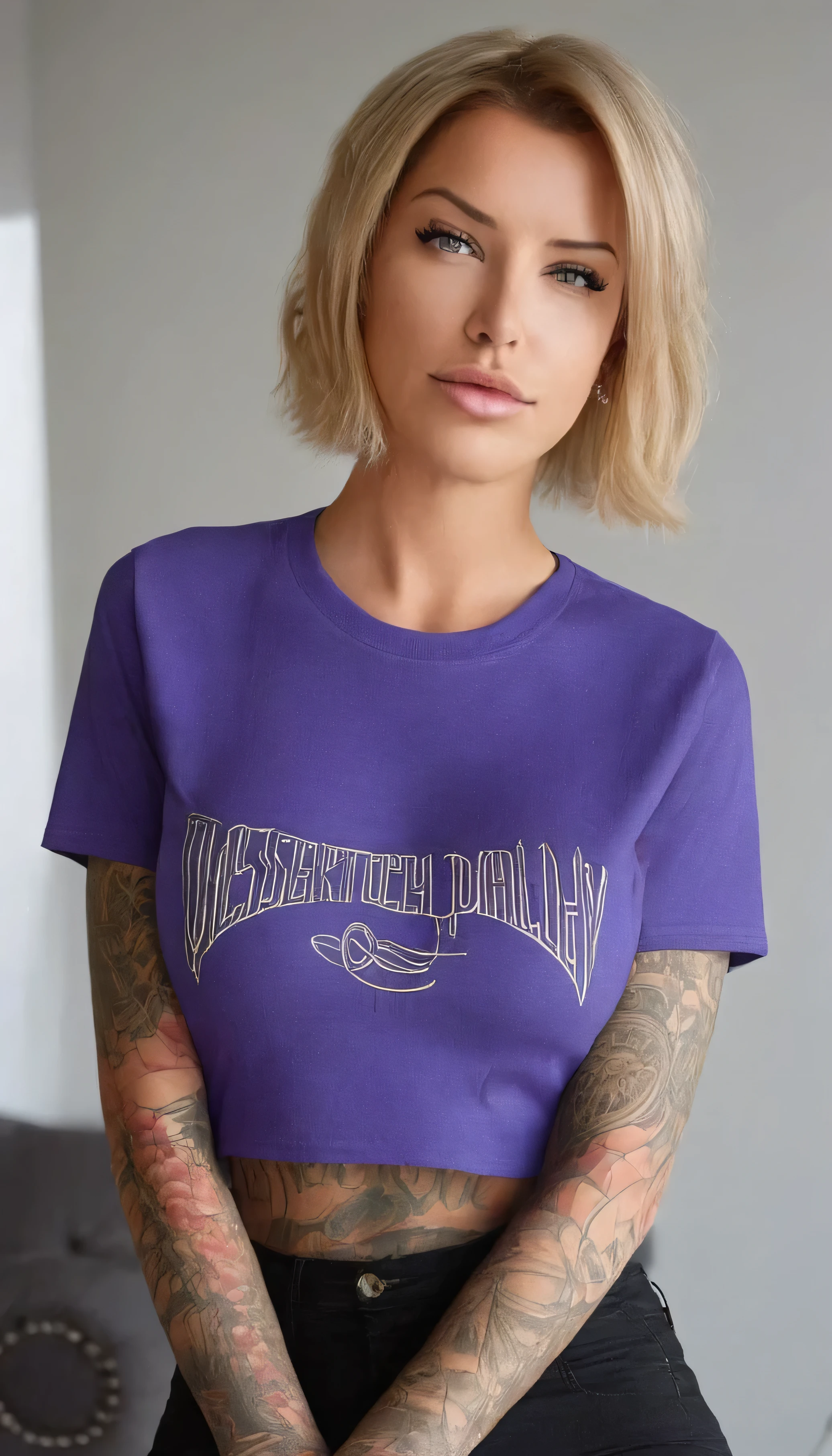 A woman with tattoos and a purple shirt posing for a picture - SeaArt AI