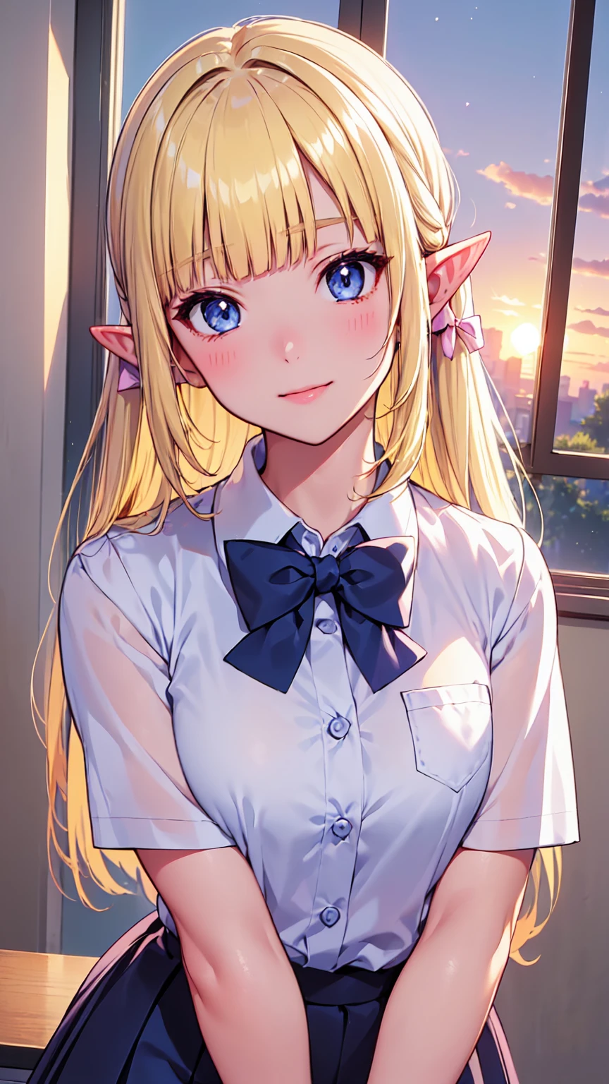 16k、masterpiece、High resolution、High resolution、((student))、((Young Elven Woman))、((Beautiful white skin))、((Beautiful blonde))、ponytail、Tie your hair with ribbons、((Beautiful Blue Eyes))、((Pointy Ears))、Smiling Kindly、blush、Pink Lip Gloss、Shiny skin、((茶色のブレザーのstudent服、bow tie、look at me、School classroom、window、sunset