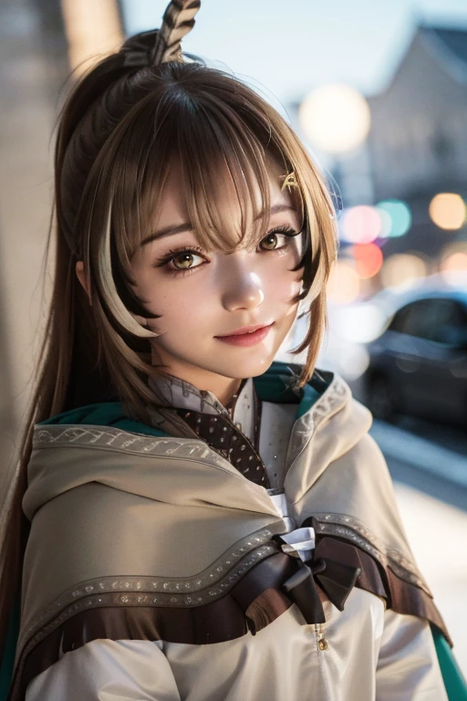 Studio light, depth of field, best quality, 8k, hdr, highres, masterpiece, realistic, 19yo japanese, cute face, looking at viewers, hairpin, smile, dagger, cape, Light orange eyes, beautiful details eyes, long hair, very long hair, ponytail ,street