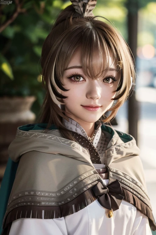 Studio light, depth of field, best quality, 8k, hdr, highres, masterpiece, realistic, 19yo japanese, cute face, looking at viewers, hairpin, smile, dagger, cape, Light orange eyes, beautiful details eyes, long hair, very long hair, ponytail ,street