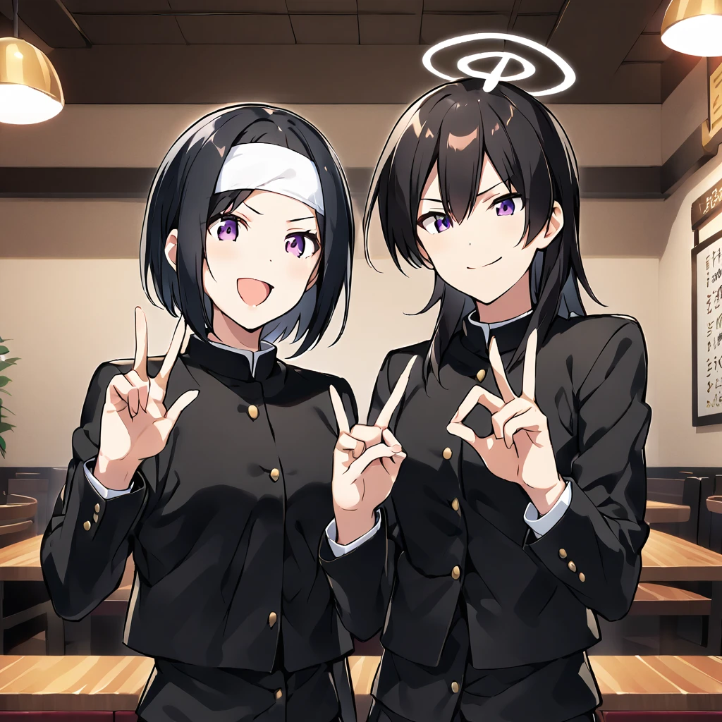 A confident smile, かっこいいポーズをとっているtwo students demonstrating a gesture commonly associated with a peace sign while speaking by , Black slacks, Black Hair, indoor, restaurant,indoor, White headband on head, black jacket shirt, ((((complete fiでe fingers))))