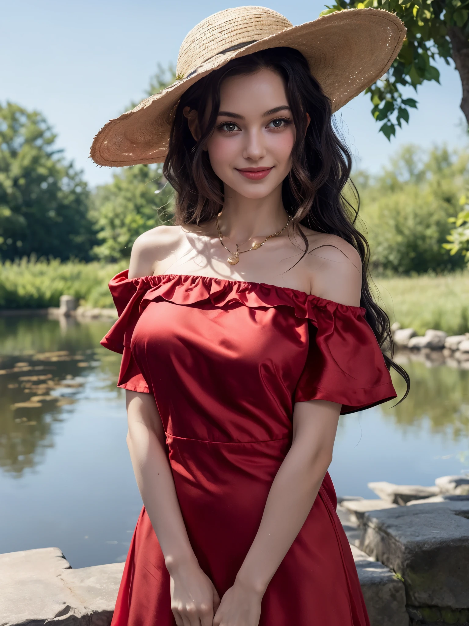 1girl, detailed face, long hair, wide straw hat, off-shoulder ruffle dress, smile, looking at viewer, strong shadow, clear sky, ((highest quality)), ((8K)), ((masterpiece:1.3)), ((cinema quality)), (daytime outdoors), (by the pond), (Bright throughout with strong natural light), ((red silk dress)), (Semi-long hair curled inwards), (natural movement hair), (gorgeous necklace), gigantic breasts, (sagging breasts:1.2), 