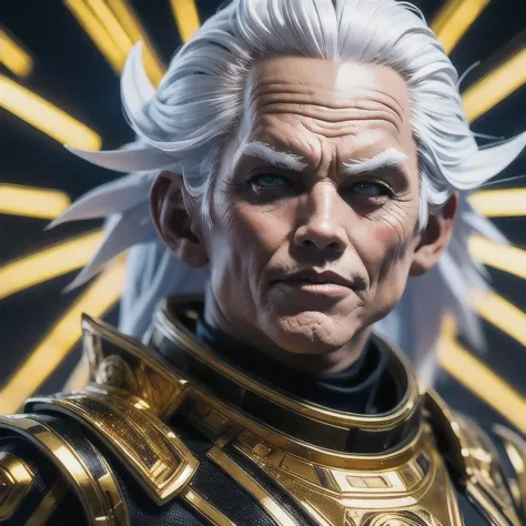 a close up of a person in a gold suit with a white hair, cyborg jd en, cyberpunk jiden, god emperor bdn, emperor b en, jden as a...