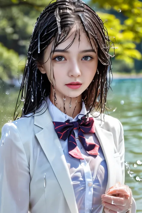 (close up:1.5), ((High school girl walking in a park by the lake))、((Wet white blazer with an emblem on the chest))、((Wet transl...