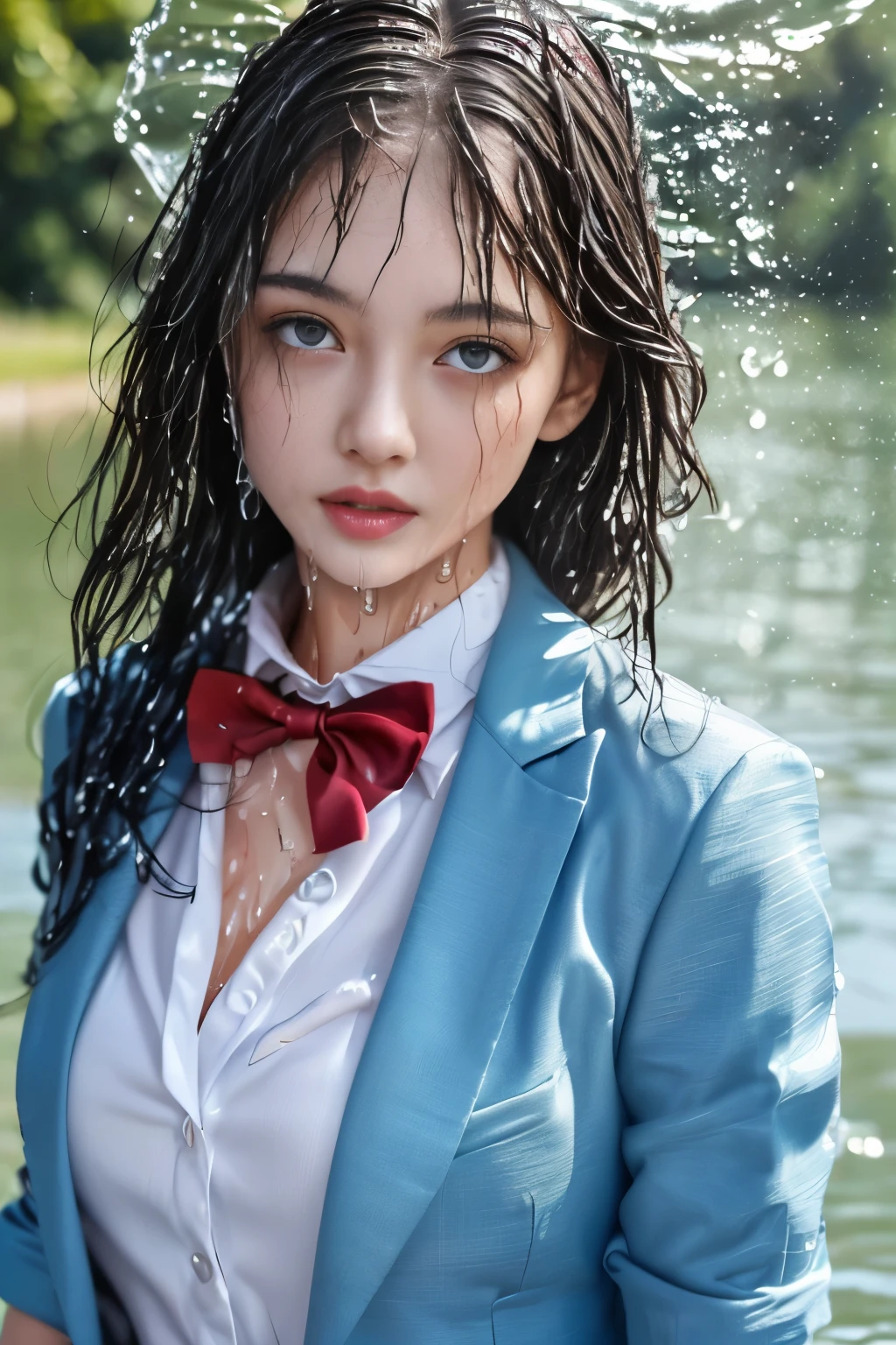 (close up:1.5), ((High school girl walking in a park by the lake))、((Wet white blazer with an emblem on the chest))、((Wet translucent white blouse、red bow tie、Dark blue checked skirt)). 40k, photograph, table top, highest quality, dark gray background, ((beautiful eyes、One girl in a wet brown pale short cut, . white skin, Versatile poses.((Medium chest,:1.1)),(nipple) highest quality, table top, ultra high resolution, (realistic:1.4), RAWphotograph, (perfect body shape), (slim:1.3), Slim abdomen, Perfect slim figure, dynamic pose, (((big :0.9))), alone, Cold light 12000K, very detailed facial and skin texture, fine eyes, realistic eyes, Beautiful and fine eyes, (realistic skin), charm, ultra high resolution, Ultra-realistic, very detailed,、((she is wet)),