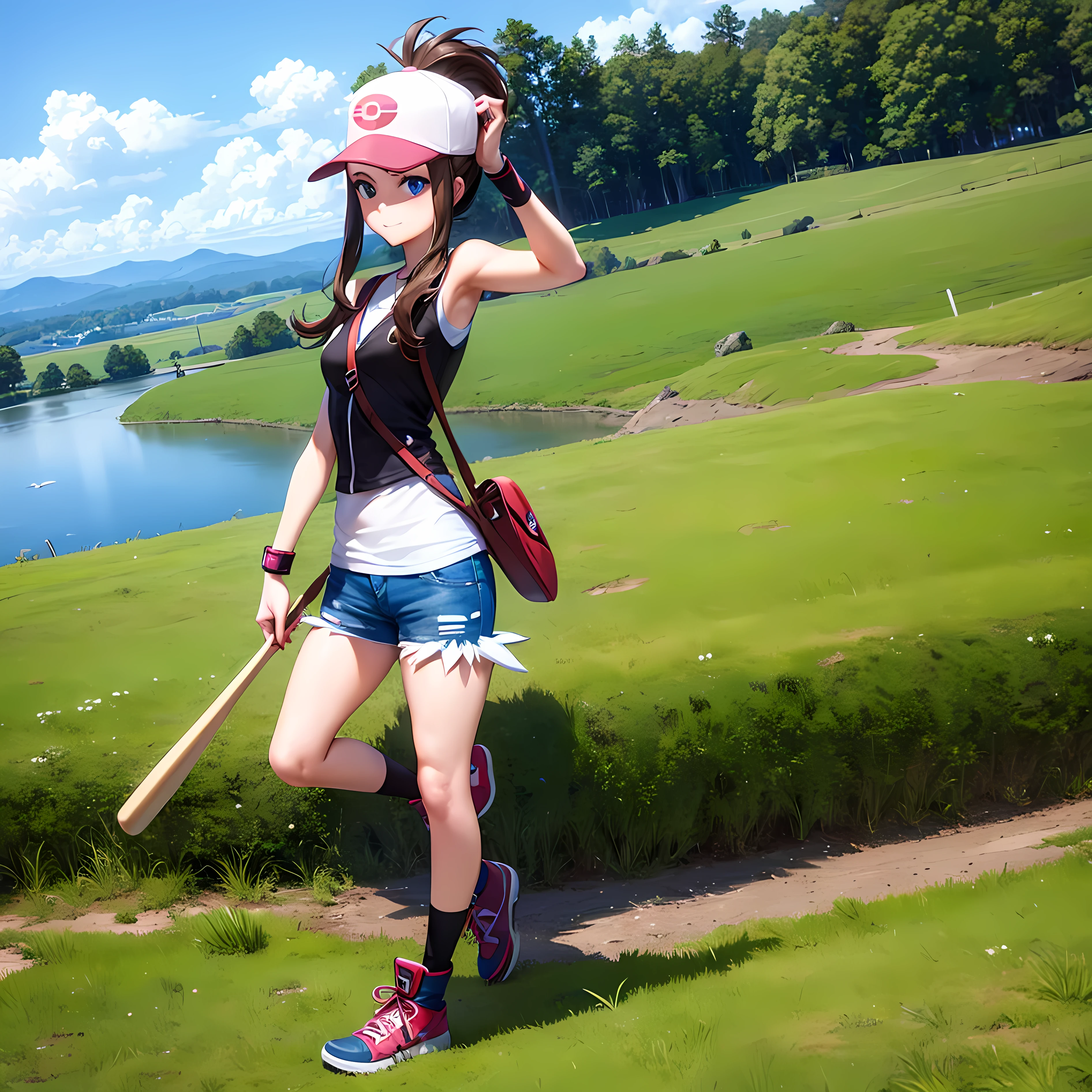 masterpiece, best quality, detailed, pov, 1girl, pokemonhilda, blue eyes, brown hair, long hair, ponytail, baseball cap, blue shorts, hat, shorts, vest, wristband, sleeveless, black vest, white shirt, shirt, smug, standing, grassy field, lake background, countryside distant background,