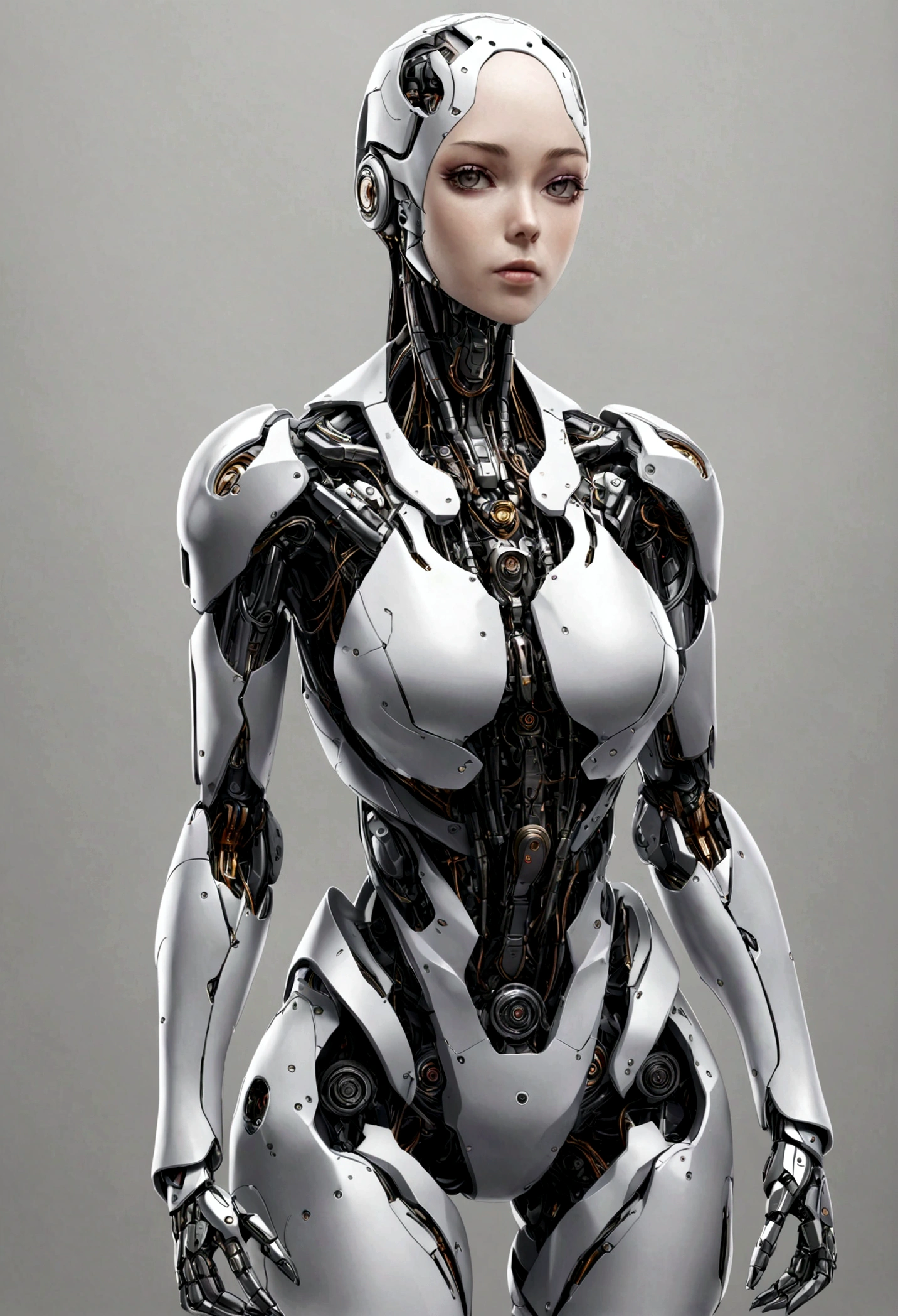 body, body, woman, Ultra-realistic, robot, cyborg, Plain background, Stands facing the spectators, super high quality, Metal, Dressed, (View your viewers), saggy,