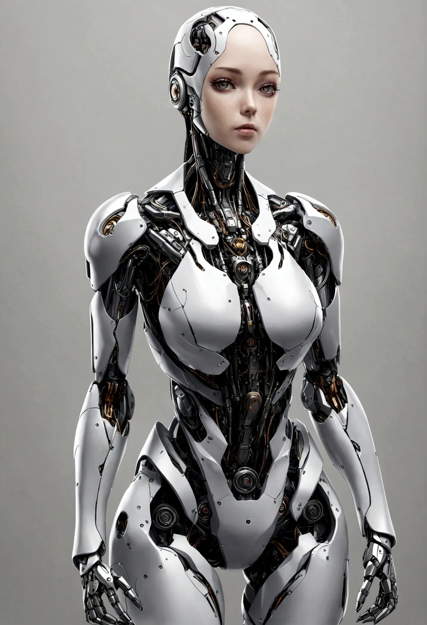 body, body, woman, ultra-realistic, robot, cyborg, plain background, stands facing the spectators, super high quality, metal, dr...