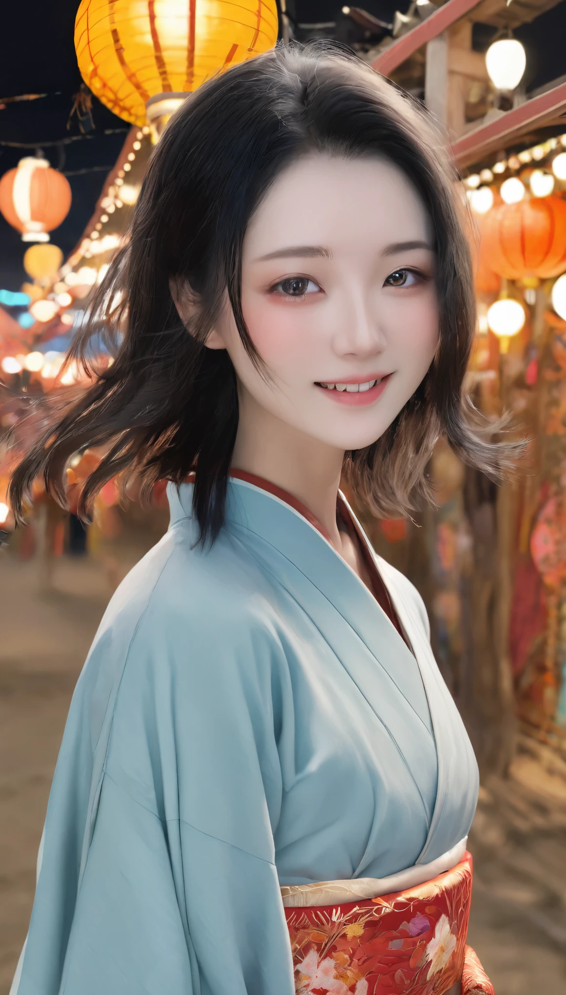 (kimono),(highest quality,masterpiece:1.3,Ultra-high resolution,),(Very detailed,Caustics),(Realistic:1.4,RAW shooting,)Ultra-Realistic Capture,Very detailed,High resolution 16K suitable for human skin,Translucent white skin,Use natural light and color,1 female,Japanese,,beautiful, 18-year-old, smile, Black Hair, Medium Hair,(Depth of written border, chromatic aberration,, Wide range of lighting, Natural Shading,),(Hair swaying in the wind: 1.1),(Outdoor lighting at night: 1.3),(Summer festival fair background: 1.2), front