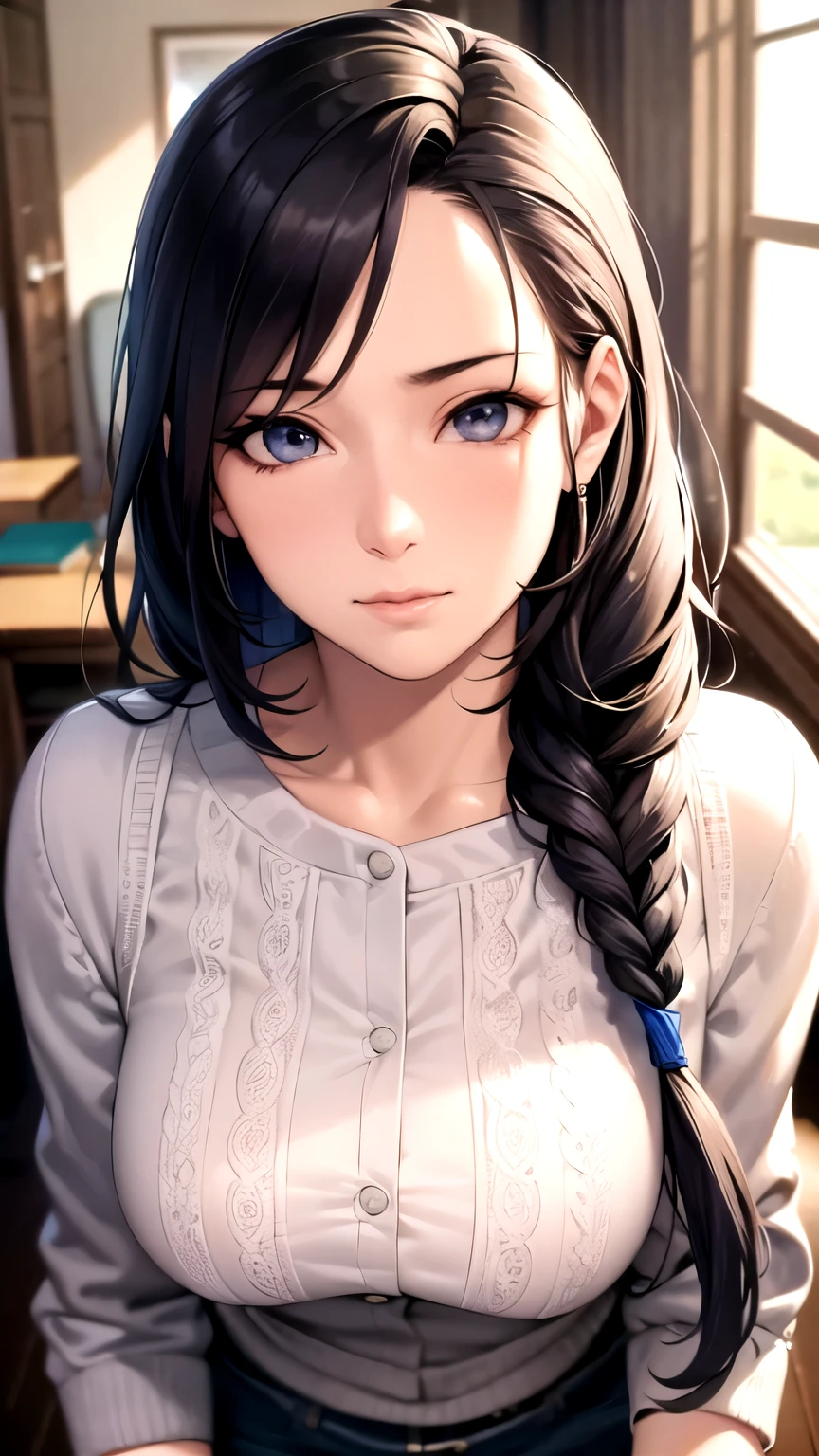 Tabletop, (highest quality), 1 Female,One Girl ,Akiko_Minase,    Long Hair, Brunette Hair,   blue eyes, Braiding, single Braiding, Hair intake, Hair that falls over the shoulders, (Mature Woman), skirt, sweater, cardigan,       housewife, Sexy Woman,    , Bright colors ,,Natural light  ,Hmph, Hair between the eyes , beautiful, (Detailed face:1.2), Showcase, (Perfect Eyes:1.1) ,(Realistic:1.1), 8K Ultra HD,  View Viewer,  indoorround、Big eyes