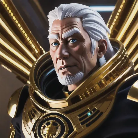 a close up of a person in a gold suit with a white hair, cyborg jd en, cyberpunk jiden, god emperor bdn, emperor b en, jden as a...