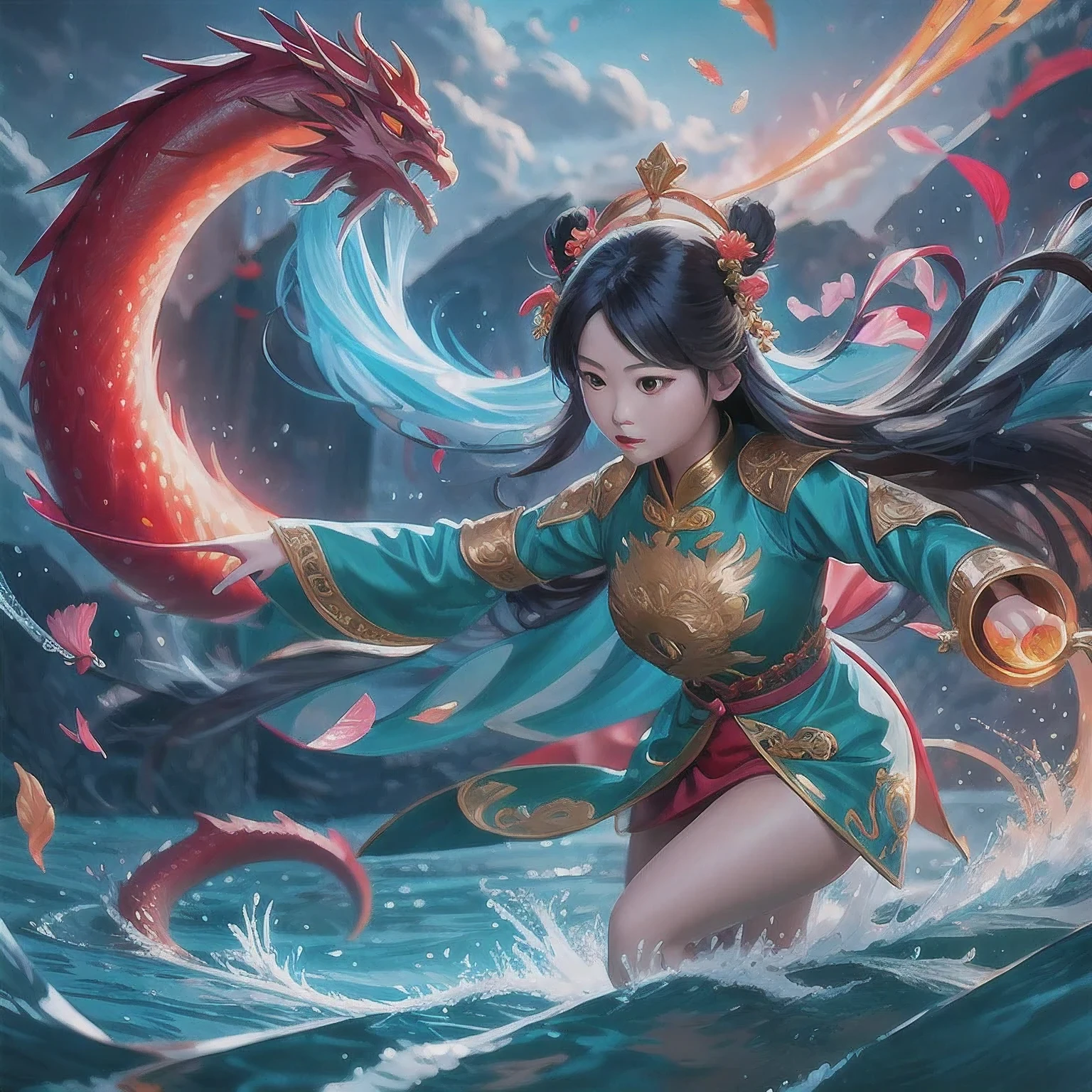 anime girl with a sword and a dragon in her hands, queen of the sea mu yanling, by Yang J, anime fantasy illustration, beautiful celestial mage, anime fantasy artwork, fantasy art style, by Li Song, g liulian art style, 2. 5 d cgi anime fantasy artwork, by Qu Leilei, xianxia fantasy, fanart best artstation,akira from china mythology