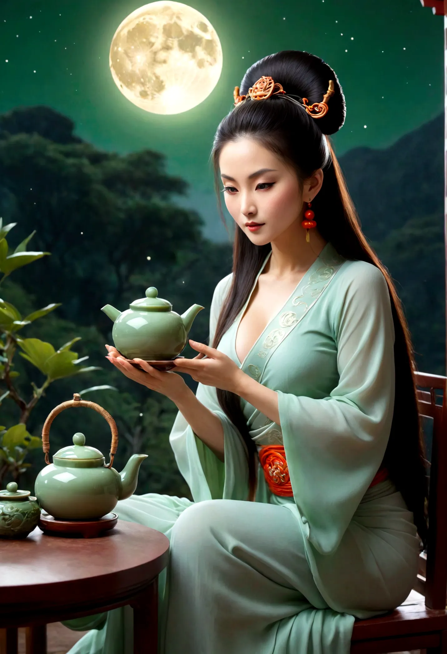 goddess Chang&#39;e sitting pouring tea from a jade teapot with a full moon in the background, with a more ethereal atmosphere, ...