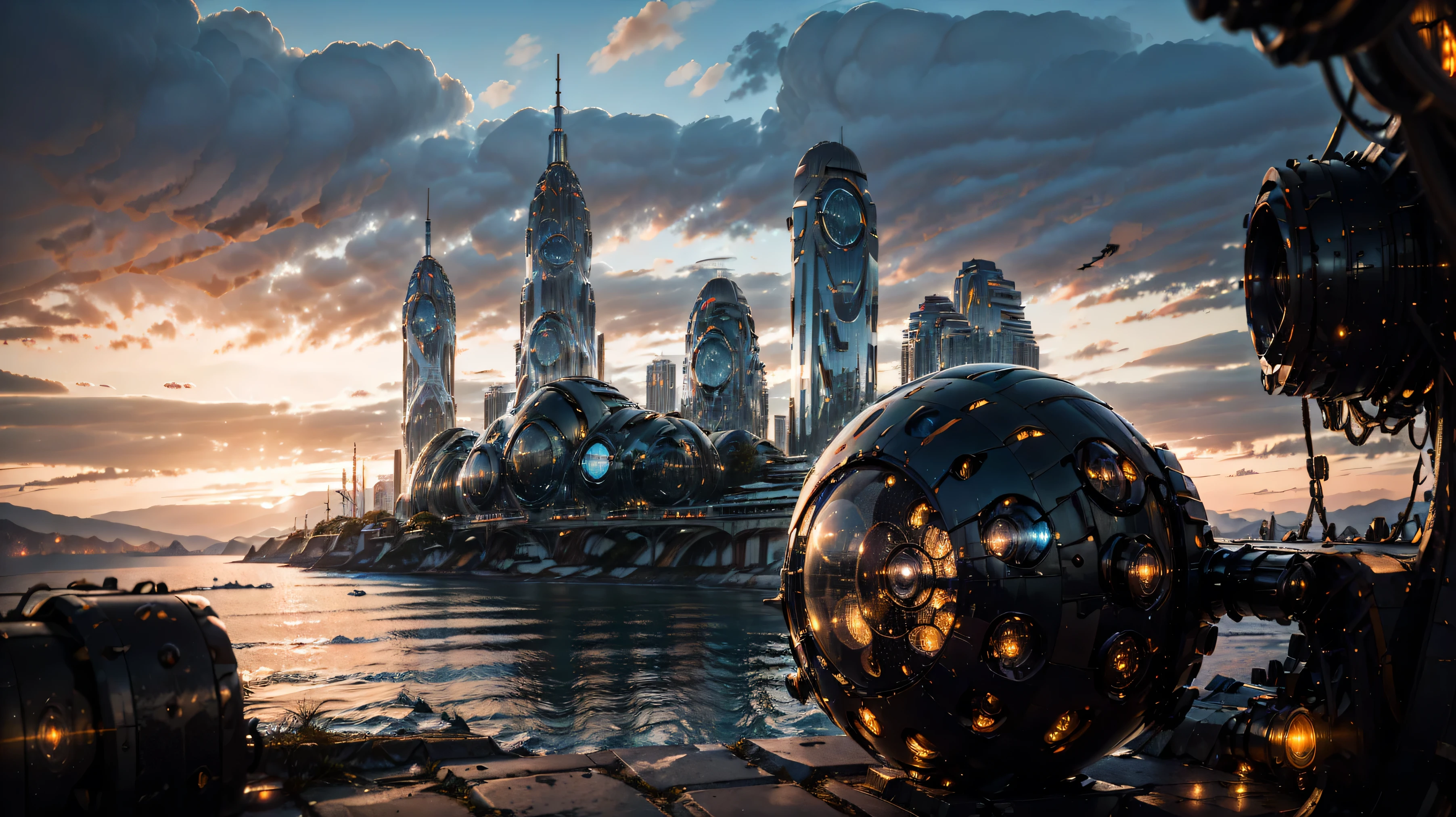 A futuristic city with flying cars and holographic displays, connected by spiral bridges over an ethereal ocean. The sky is a clear blue, and the buildings have metallic textures. In one corner of the scene, there is a large floating structure resembling the torus symbol, glowing in shades of a white to light blue gradient. A drone flies above it, capturing its majestic presence against the backdrop of the distant planet，Swarovski Sunset（No characters),high detail, Luminism, sparkle