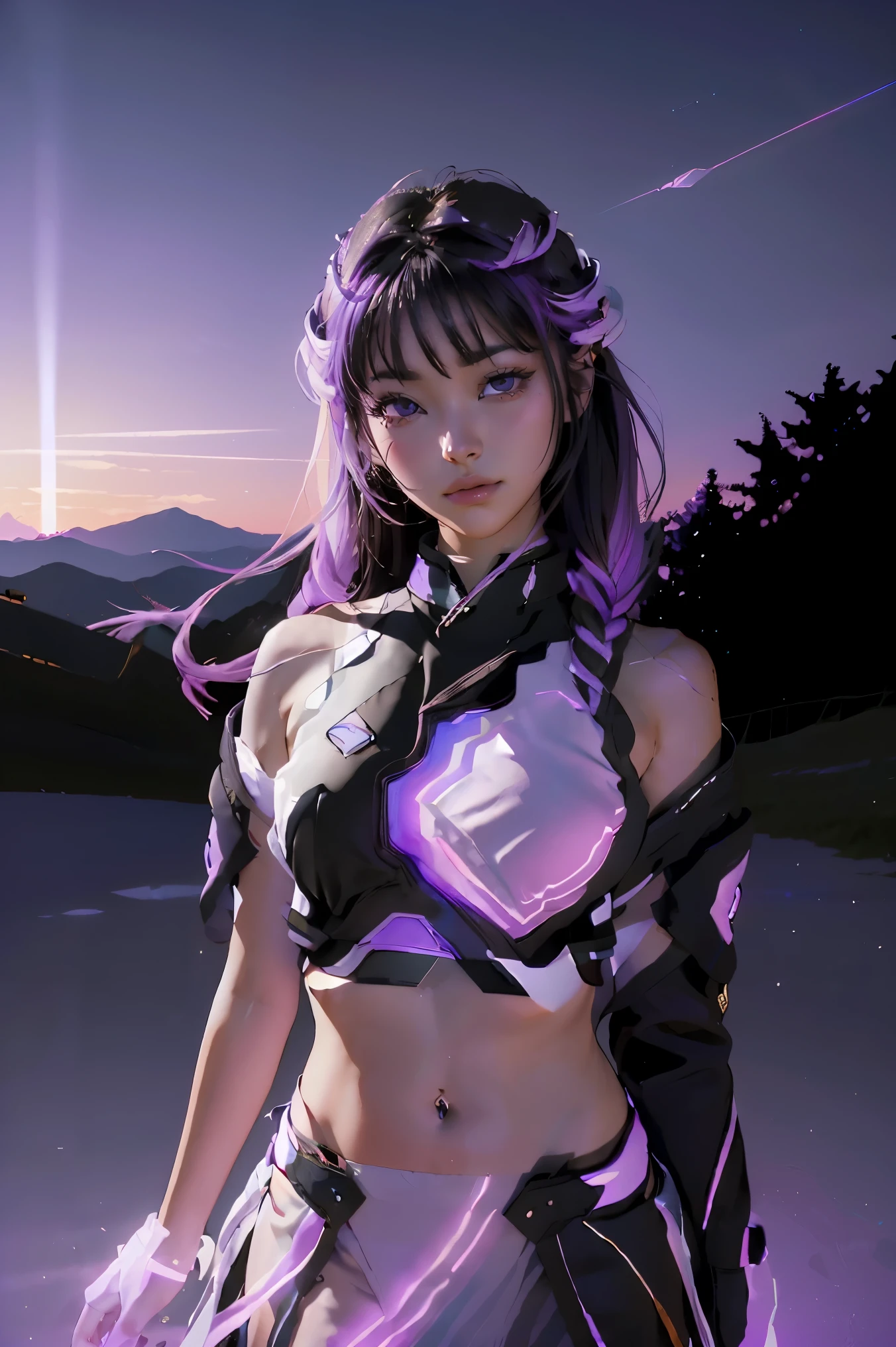 ((masterpiece, best quality, extremely detailed), volumetric lighting, ambient occlusion, colorful, glowing), a boy and a girl, (purple white gradient long hair),  halo, aura, sacred, goddess,, (black outfit:1.3), 
outdoors, sunset, sky, clouds, space, ((a couple shot)),