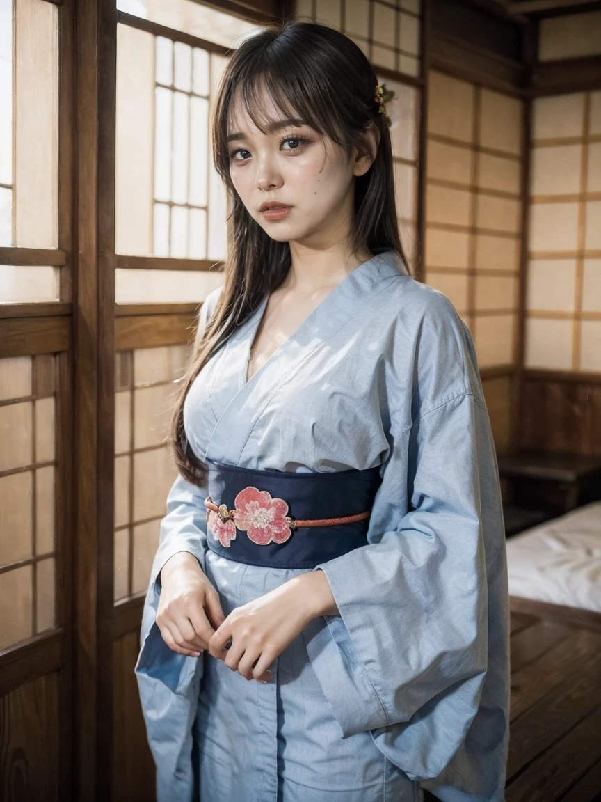 (masterpiece, highest quality, 8k, Realistic, Super detailed) Beautiful Japanese woman in erotic kimono, whole body, expose one&#39;s cleavage, Highly detailed facial features, Intricate kimono patterns, Dramatic lighting, A calming color palette, Structure of the film, Perfect clean white teeth