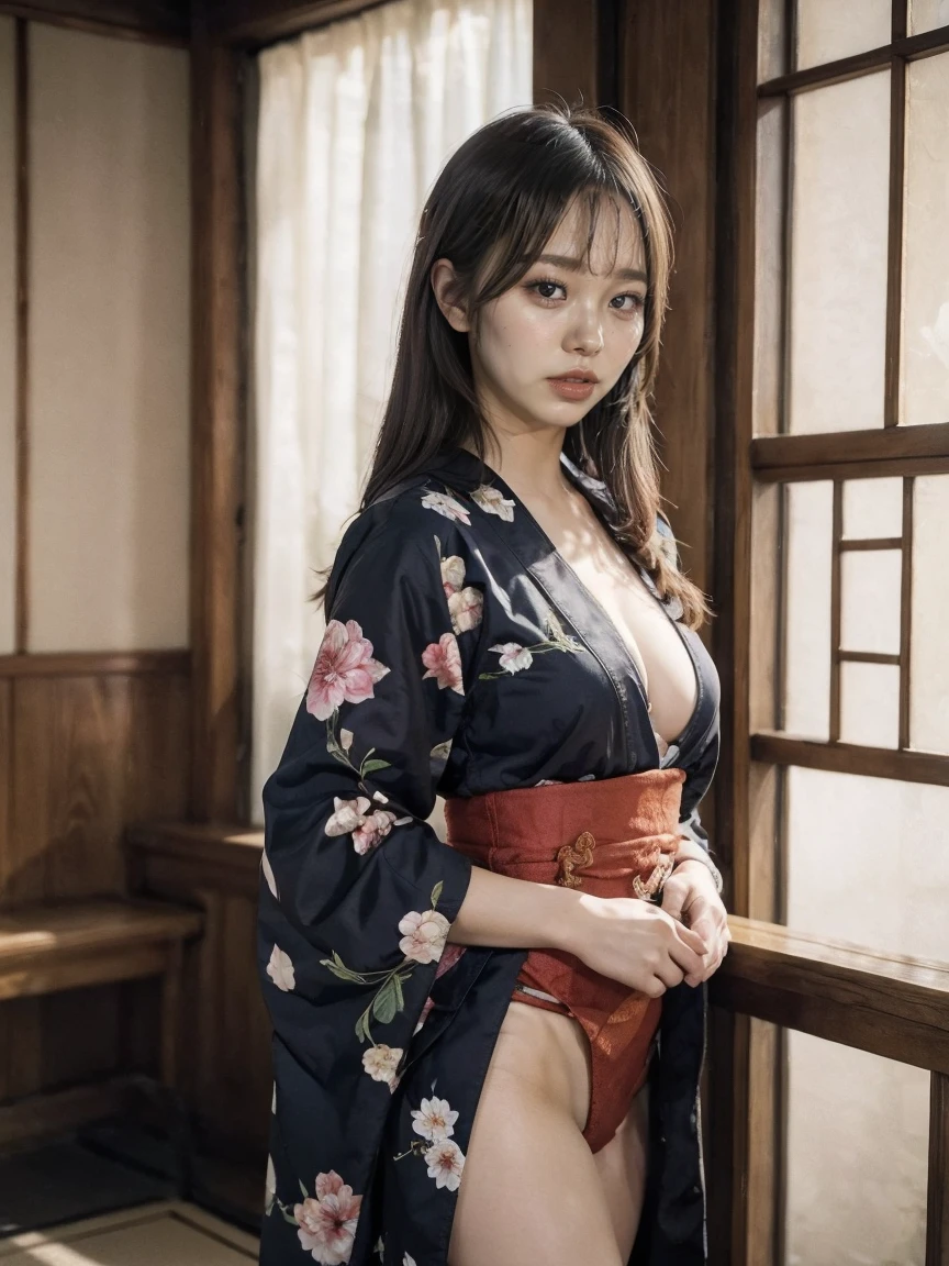 (masterpiece, highest quality, 8k, Realistic, Super detailed) Beautiful Japanese woman in erotic kimono, whole body, expose one&#39;s cleavage, Highly detailed facial features, Intricate kimono patterns, Dramatic lighting, A calming color palette, Structure of the film, Perfect clean white teeth