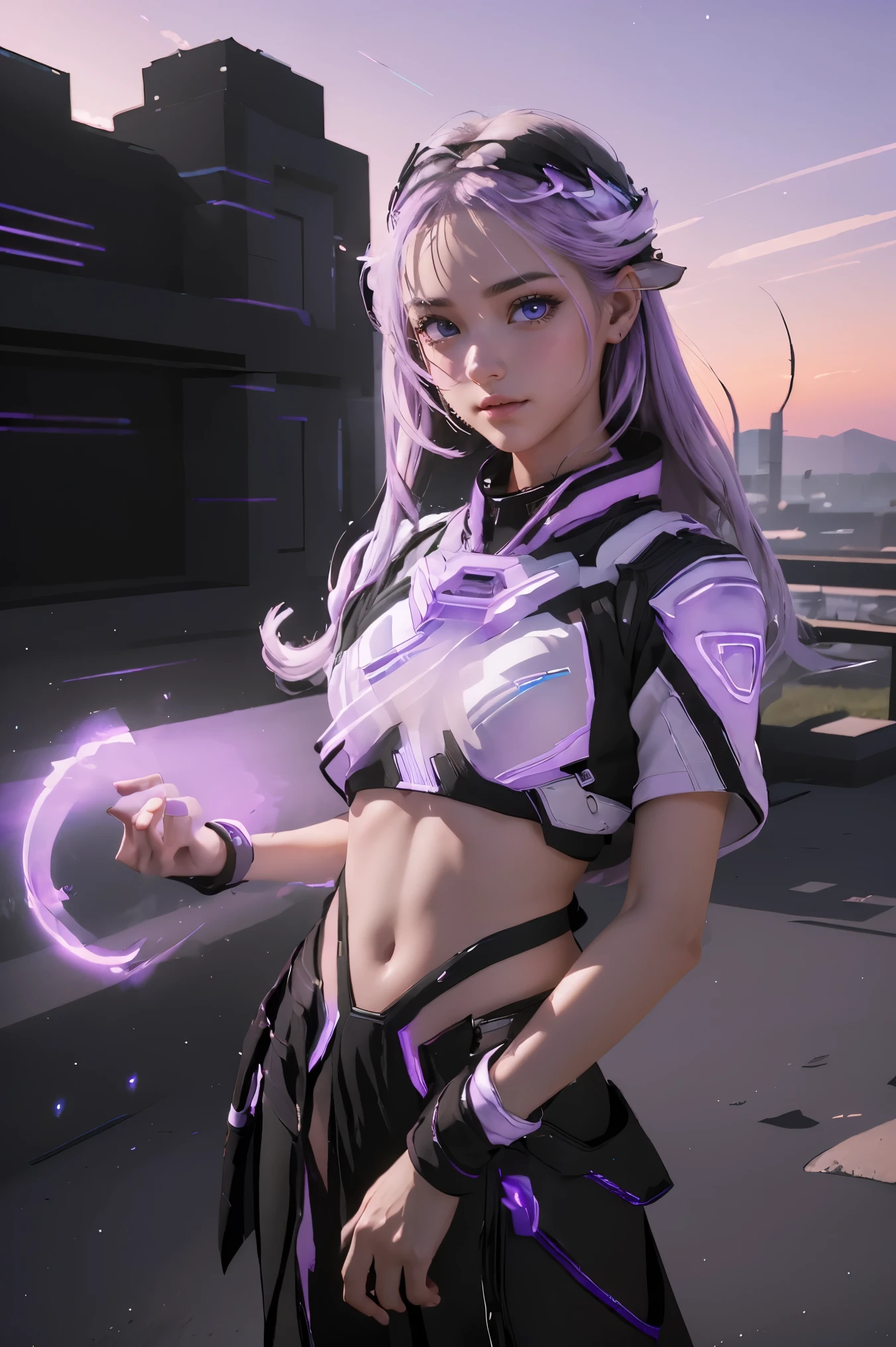 ((masterpiece, best quality, extremely detailed), volumetric lighting, ambient occlusion, colorful, glowing), a boy and a girl, (purple white gradient long hair),  halo, aura, sacred, goddess,, (black outfit:1.3), 
outdoors, sunset, sky, clouds, space, ((a couple shot)),