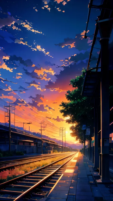 there is a train coming up the tracks at the station, beautiful anime scene, train station background, anime countryside landsca...