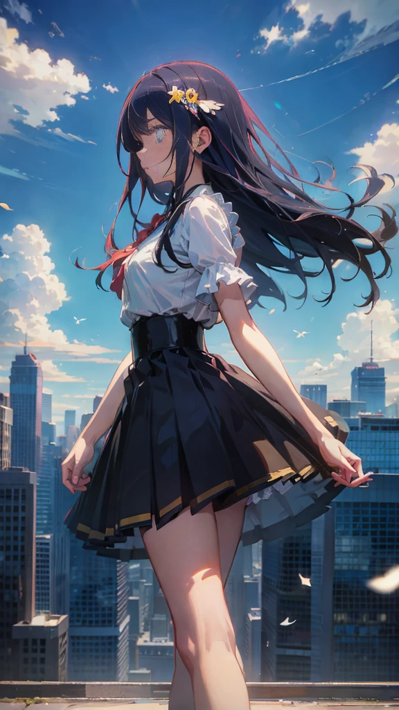 1 anime girl, alone,black hair,Blue shining jewel eyes,Black petals flutter, A mysteriously shining butterfly.blue sky,city,Vivid blue hair,bright blue jewel eyes,thin legs,cloudy sky,very clear,highest quality,Are standing,Straight Hair,morning,Mid-length skirt,City of Sunsets,Looking up at the sky,profile,Look to the side