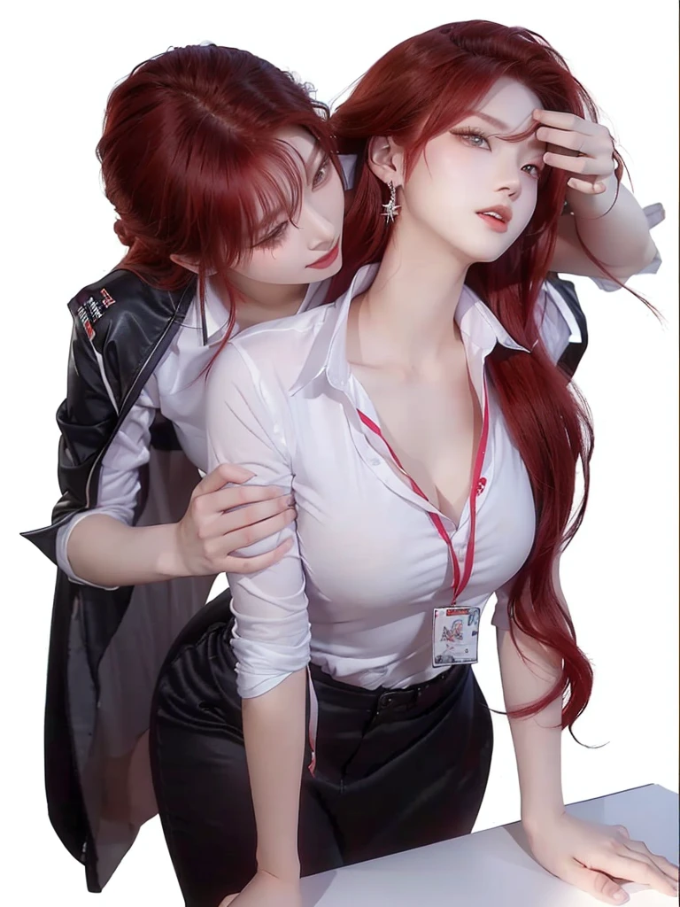 lesbian couple with red hair and white shirts hugging each other, nixeu and sakimichan, jazza and rossdraws, artgerm and genzoman, kda and sam yang, realistic 