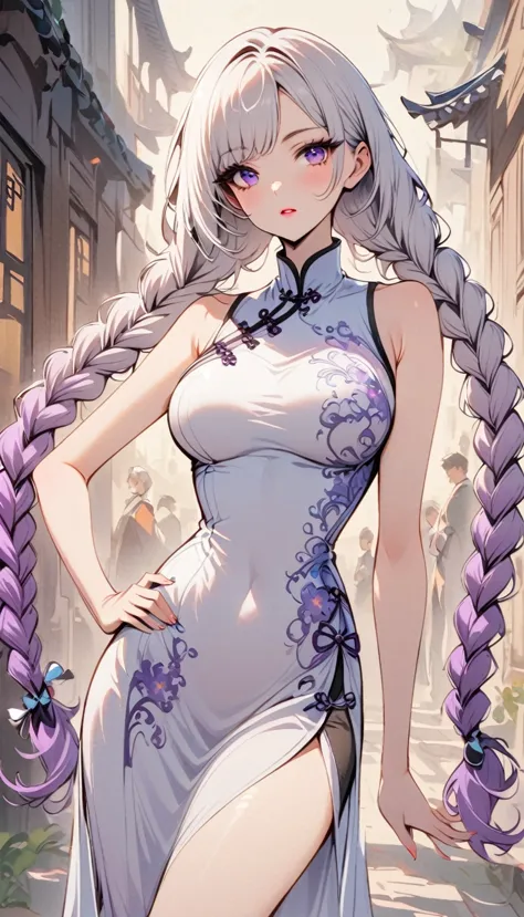 retro style, chinese cheongsam sexy,high-end fashion,a girl, yinji, purple hair, purple eyes, long hair, white hair, double brai...