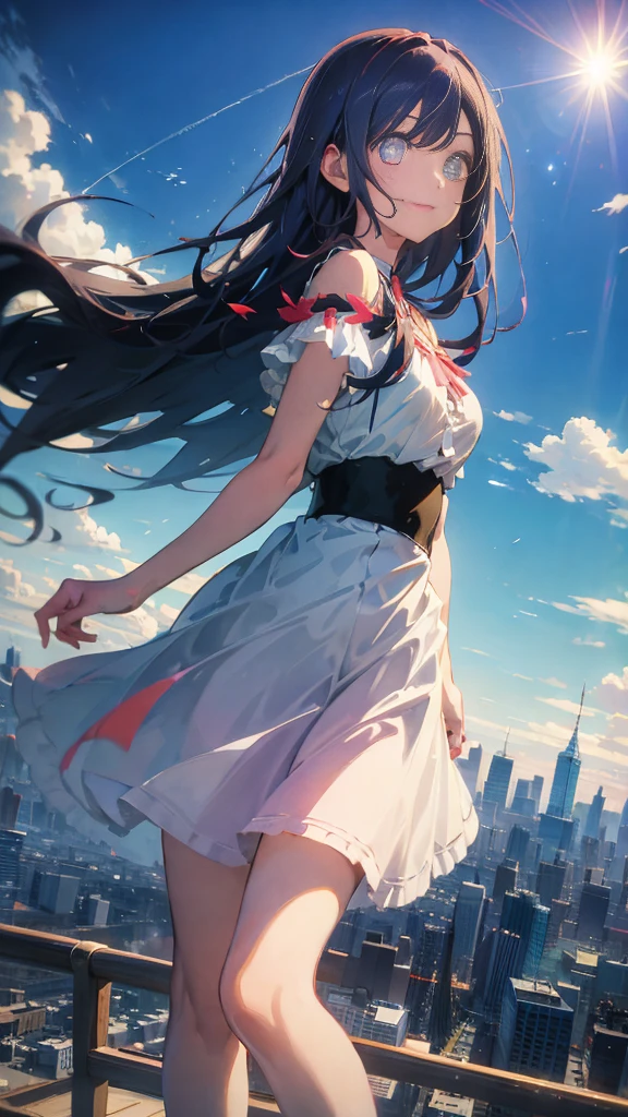 1 anime girl, alone,black hair,Blue shining jewel eyes,Black petals flutter, A mysteriously shining butterfly.blue sky,city,Vivid blue hair,bright blue jewel eyes,thin legs,cloudy sky,very clear,highest quality,Are standing,Straight Hair,morning,Mid-length skirt,City of Sunsets,Looking up at the sky,profile,Look to the side,smile