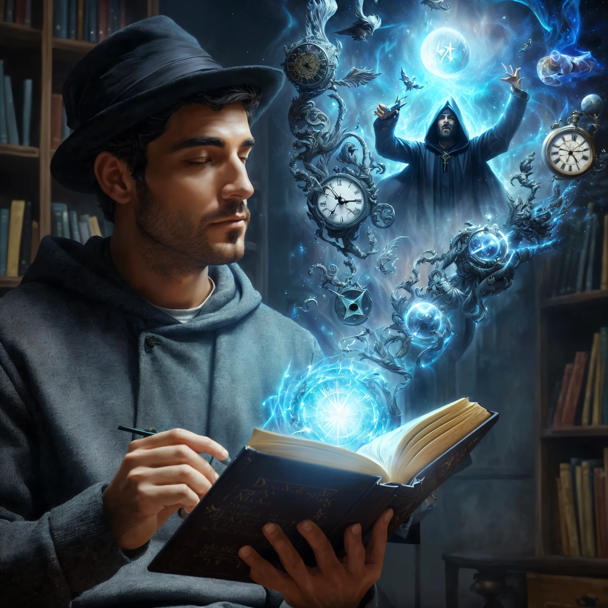 arafed man reading a book in a library with a clock and a wizard, spell casting wizard, fantasy book illustration, cyril rolando and m. w kaluta, cyril rolando and m.w kaluta, wizard reading a directory, spell casting, magical realism and dark fantasy, spell book, an arcane wizard casting a spell, wizard pondering his orb