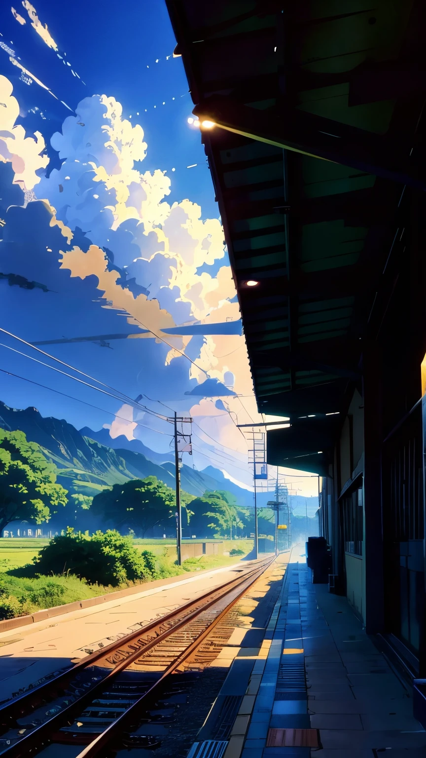 da kommt ein Zug auf den Gleisen des Bahnhofs, schöne Anime-Szene, bahnhof hintergrund, Anime Landschaft, Anime-Hintergrund art, beautiful Anime-Landschaft, colorful Anime-Film-Hintergrund, Anime schöne Friedensszene, Frühlingsmorgen, Anime-Film-Hintergrund, Bahnhof im Sommer, Anime-Hintergrund, ( ( Makoto Shinkai ) ), Anime-Landschaft, Anime Landschaft Tapete