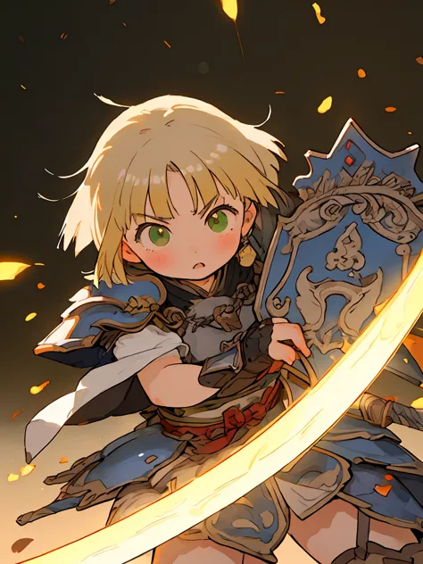 knight girl, 15-years-old, silver armor, intricate, very sexy, armed with sword and shield, detailed, green eyes, blonde bob cut...