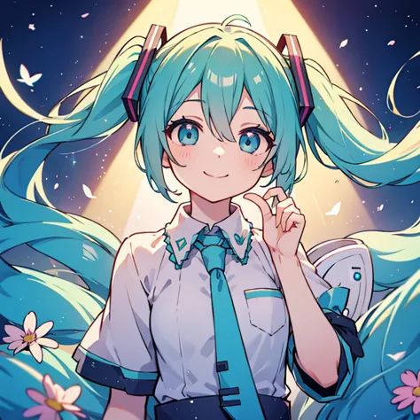 One Girl、Hatsune Miku、Twin tails、smile、colorful、Lovely、Aster piece illuminated by spotlight、highest quality、Perfect Face