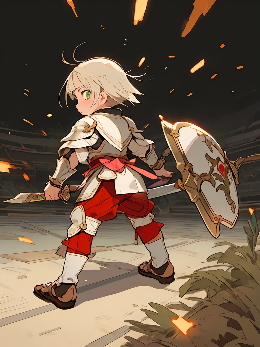 knight girl, 15-years-old, silver armor, intricate, very sexy, armed with sword and shield, detailed, green eyes, blonde bob cut hairstyle, fearless look, weapons drawn, special attack stance, arena action gladiators, ecchi anime, dynamic back view, full body, Kinoshita Sakura style, masterpiece, HD12K,