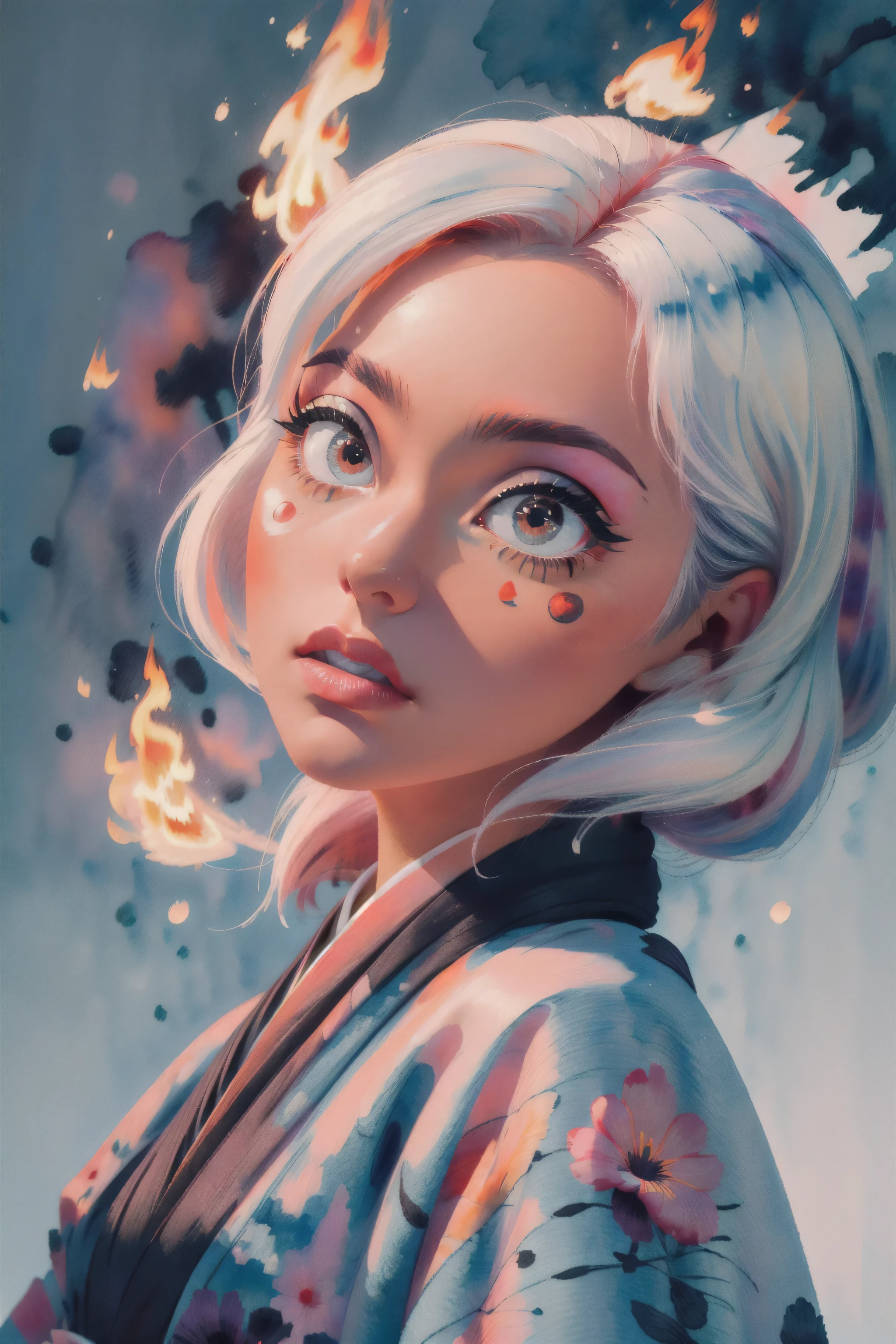 (masterpiece:1.4), (best quality:1.4), A beautiful girl with white hair short bob style, with big red eyes, in detailed women's blue kimono, blue kimono, lips, makeup, side angle, natural pose, Dramatic lighting, sunlight, in red background, flames and burn background, depth of field, 3d animated cartoon, vibrant, colorful, Watercolor, Ink, (best quality,4k,8k,highres,masterpiece:1.2),ultra-detailed,extremely detailed eyes and face, long eyelashes, vivid colors, detailed background, detailed face, (fire theme:1.1), (style-swirlmagic:0.8), floating red particles, loraeyes