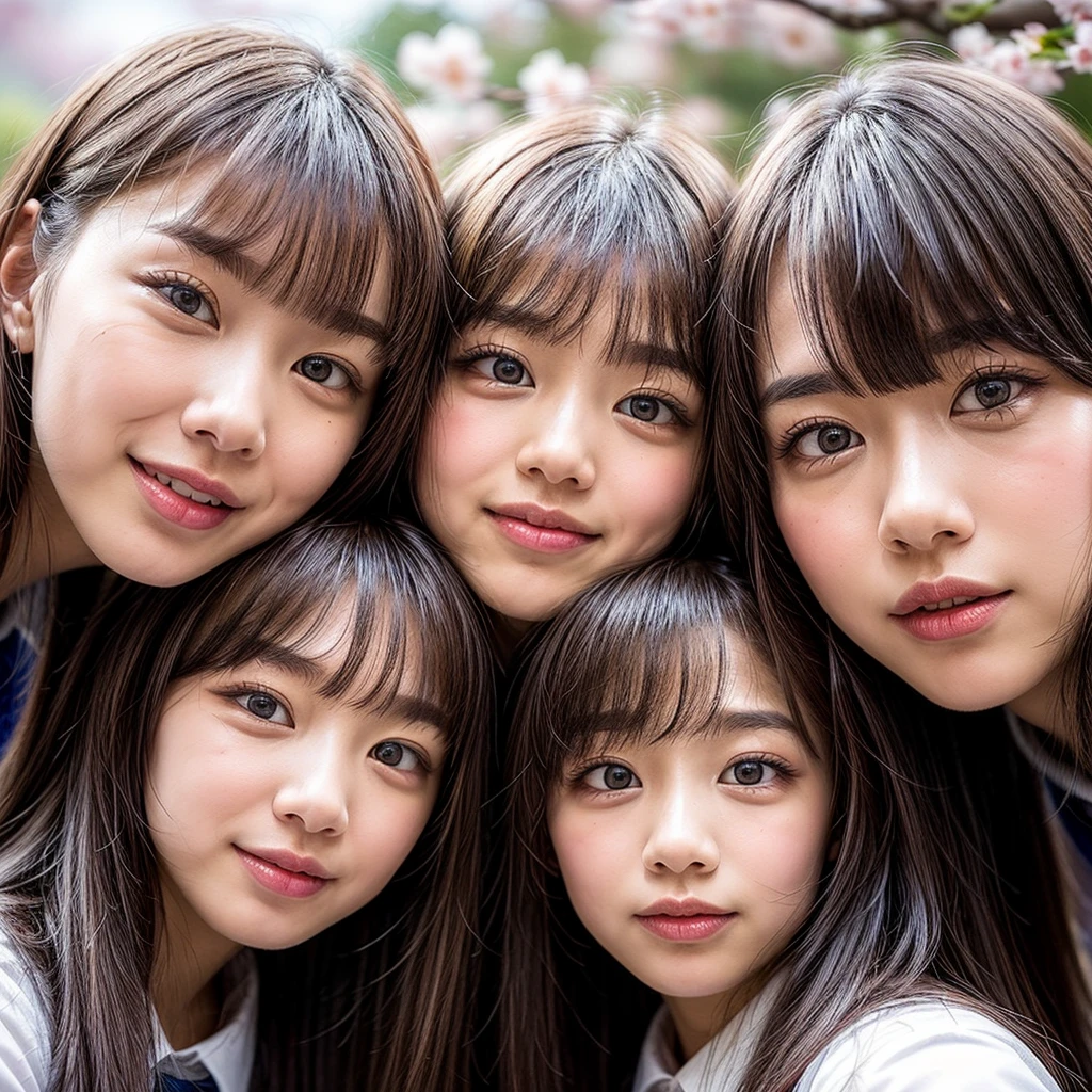 meilleur_qualité, HDR, chef-d&#39;œuvre, Haute résolution, (Acuité:0.85), (realistic anD photorealistic with touch of rawness:1.37), (photo de groupe:1.6), ((3SchoolGirls SurrounDing the camera in UpwarD composition)), panoramique, (Variations du visage NOGIZAKA:1.4), { Looking Down at the camera | (embrasser face to face) }, (((fermer:1.2, Face fermerup from below:1.4))), (((Sky backgrounD)) avec des fleurs de cerisier) . BREAK  Extremely DetaileD KAWAII face variations, regard captivant, elaborate DetaileD Eyes with (reflets étincelants:1.32), long cils、Glossy RED Lips with beautiful Details, Langue coquette, joues roses, Peau ivoire scintillante . { (Expressions joyeuses dynamiques) | (:D) | (embrasser) }, ChilDish, uniforme scolaire, { Différents types de couleurs de cheveux | frange | Coupe Hime  | Okappa } 