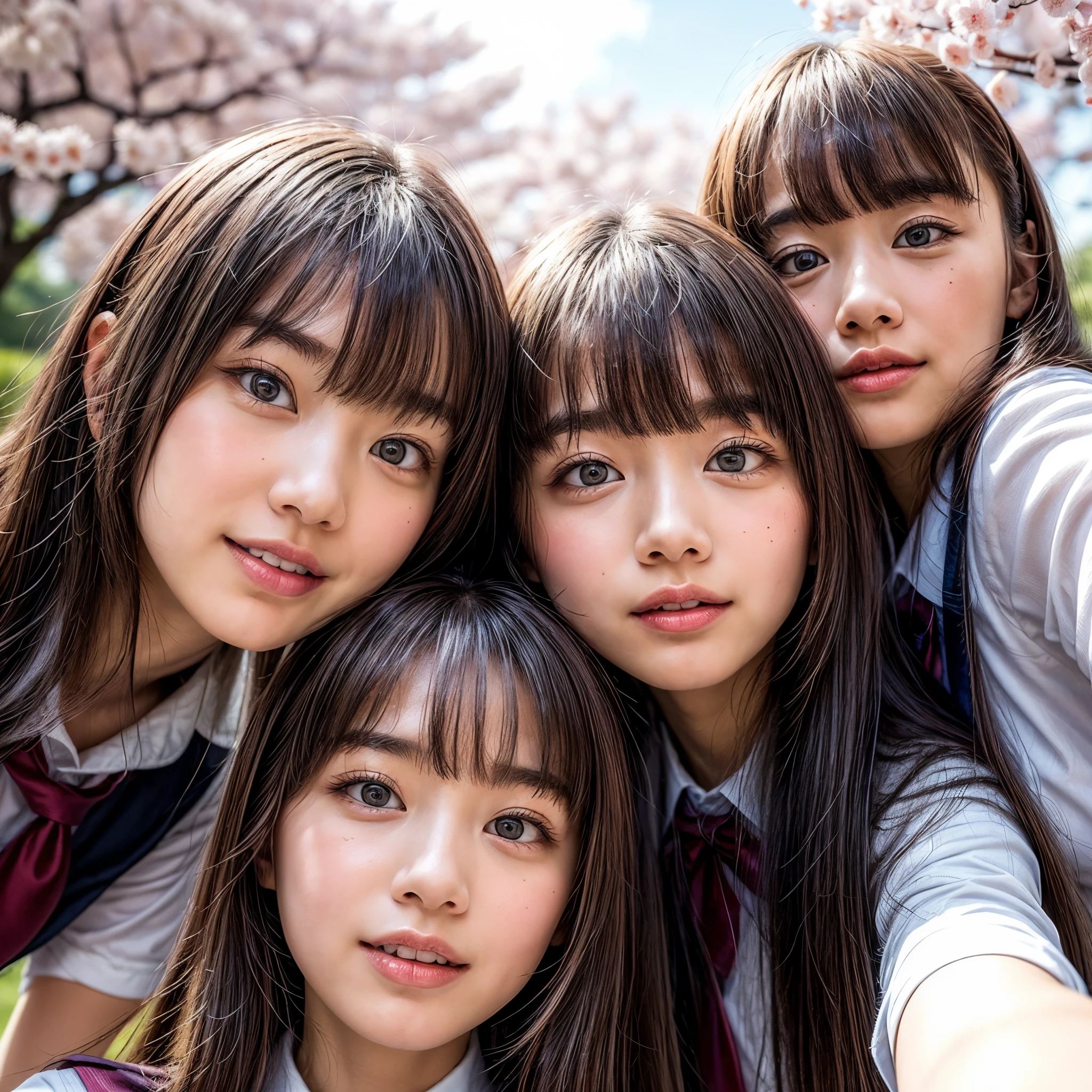 Best_Quality, HDR, masterpiece, Hi-Res, (Acutance:0.85), (realistic and photorealistic with touch of rawness:1.37), (group photo:1.6), ((3SchoolGirls Surrounding the camera in Upward composition)), Panoramic, (NOGIZAKA face variations:1.4), { Looking down at the camera | (Kissing face to face) }, (((close:1.2, Face closeup from below:1.4))), (((Sky background)) with CherryBlossoms) . BREAK  Extremely Detailed KAWAII face variations, captivating gaze, elaborate detailed Eyes with (sparkling highlights:1.32), long eyelashes、Glossy RED Lips with beautiful details, Coquettish tongue, Rosy cheeks, Glistening ivory skin . { (Dynamic joyful expressions) | (:d) | (Kissing) }, Childish, SchoolUniform, { Different types of hair colors | Bangs | Hime cut  | OKAPPA } 