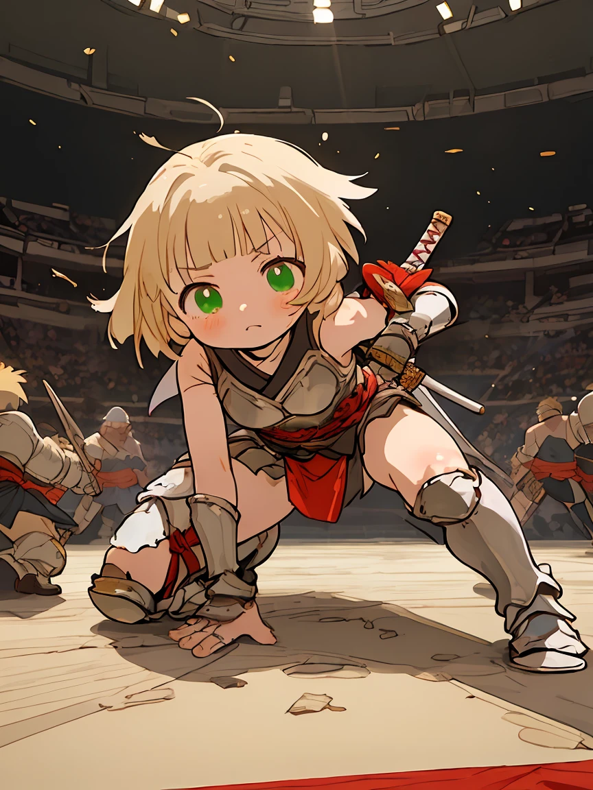 knight girl, 15-years-old, silver damaged armor, intricate, very sexy, armed with a broken sword, detailed, green eyes, blonde bob cut hairstyle, fearless look, weapons drawn, in submission gesture, arena action gladiators, ecchi anime, dynamic view, full body, Kinoshita Sakura style, masterpiece, HD12K,