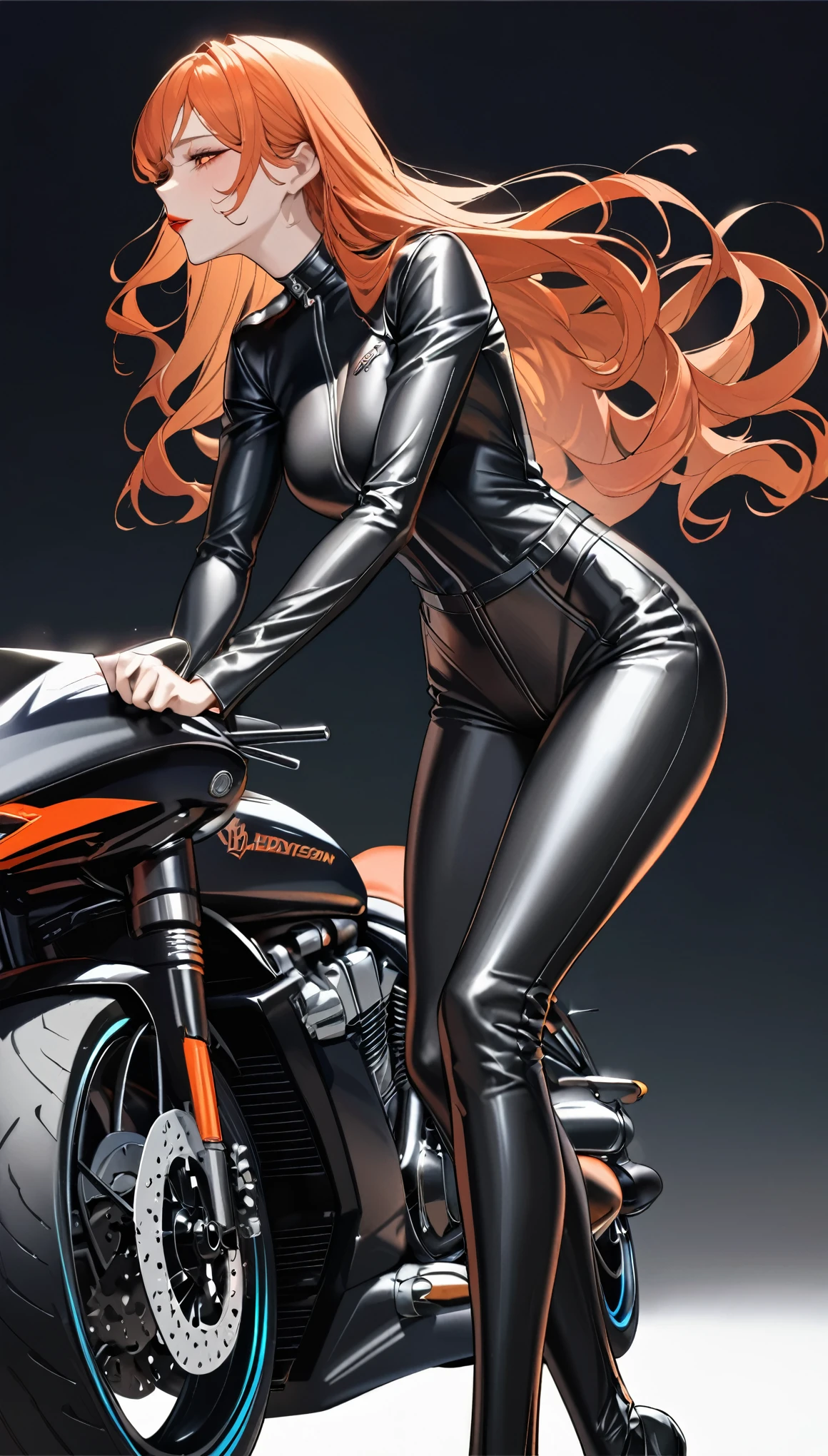 最高品質, 超上質, 16K, 信じられないほど不条理な, 非常に詳細な, 繊細でダイナミック, クールで美しい可愛い女性, オレンジ色のウェーブヘア, 真っ赤な唇, 魅惑的な表情, 興奮した表情, 最高の体型, 高い, フィットしたバイク用黒革ジャンプスーツを着用, 美しいポーズ, ハーレーダビッドソン